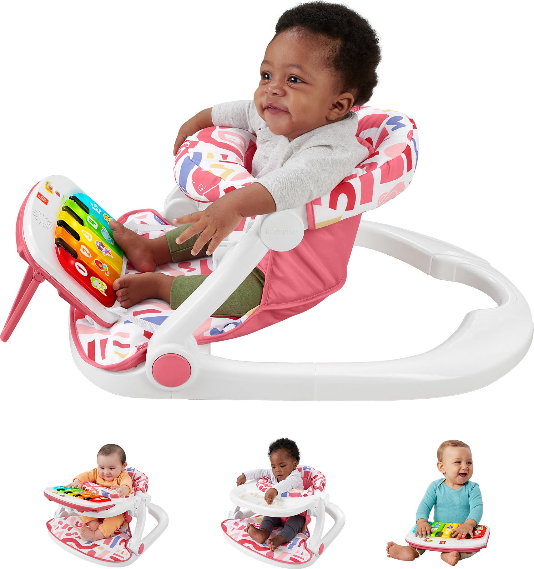 Fisher-Price - Silla portátil para bebé, asiento de lujo para sentarse con piano y bandeja de aperitivos para bebés y niños pequeños