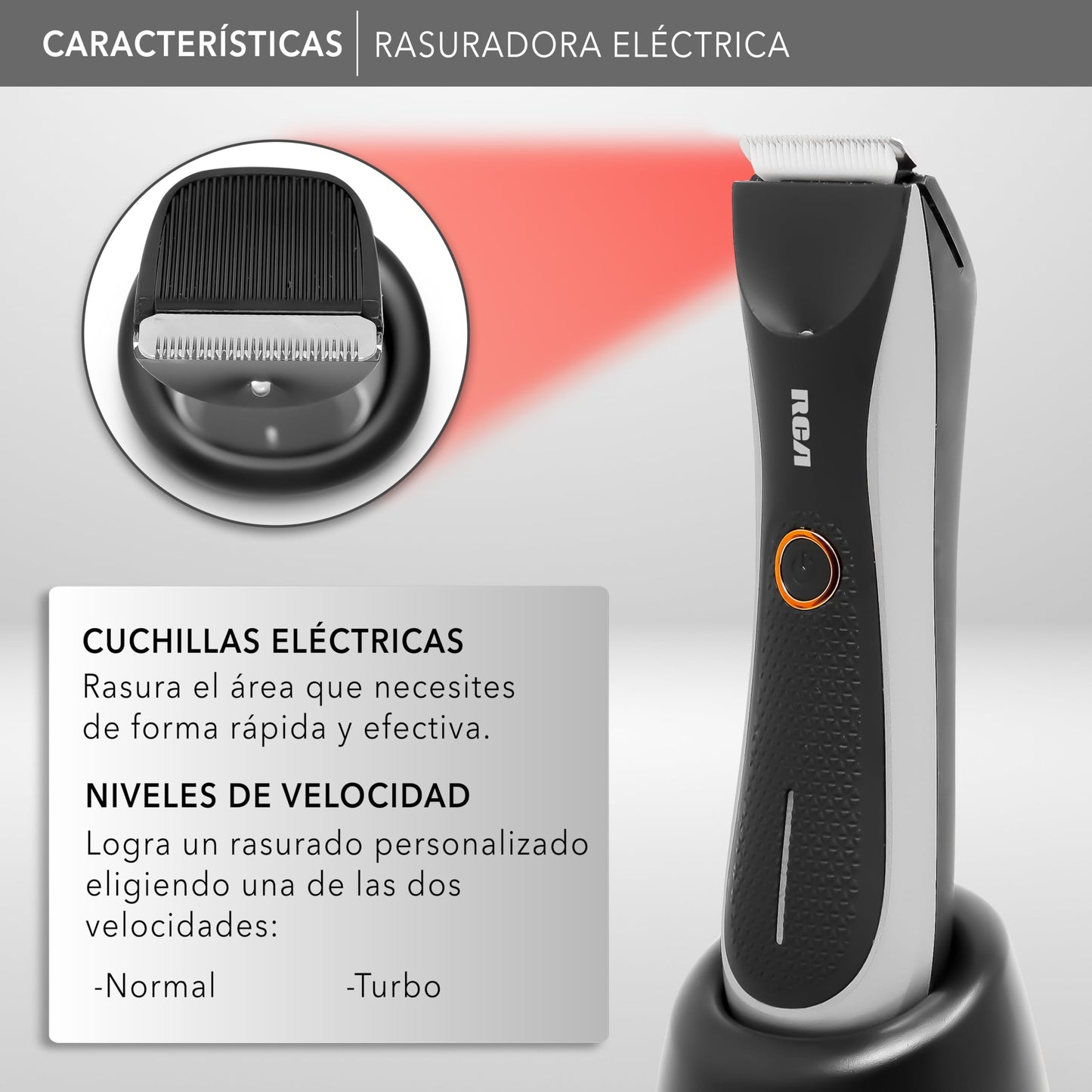 RCA Rasuradora Eléctrica RC-TR1 con Cuchillas de Cerámica, Afeitado Suave y Preciso para Barba, Cabello y Cuerpo, Resistente al Agua, Luz LED, 2 Velocidades, Peines 2–7 mm, Carga USB