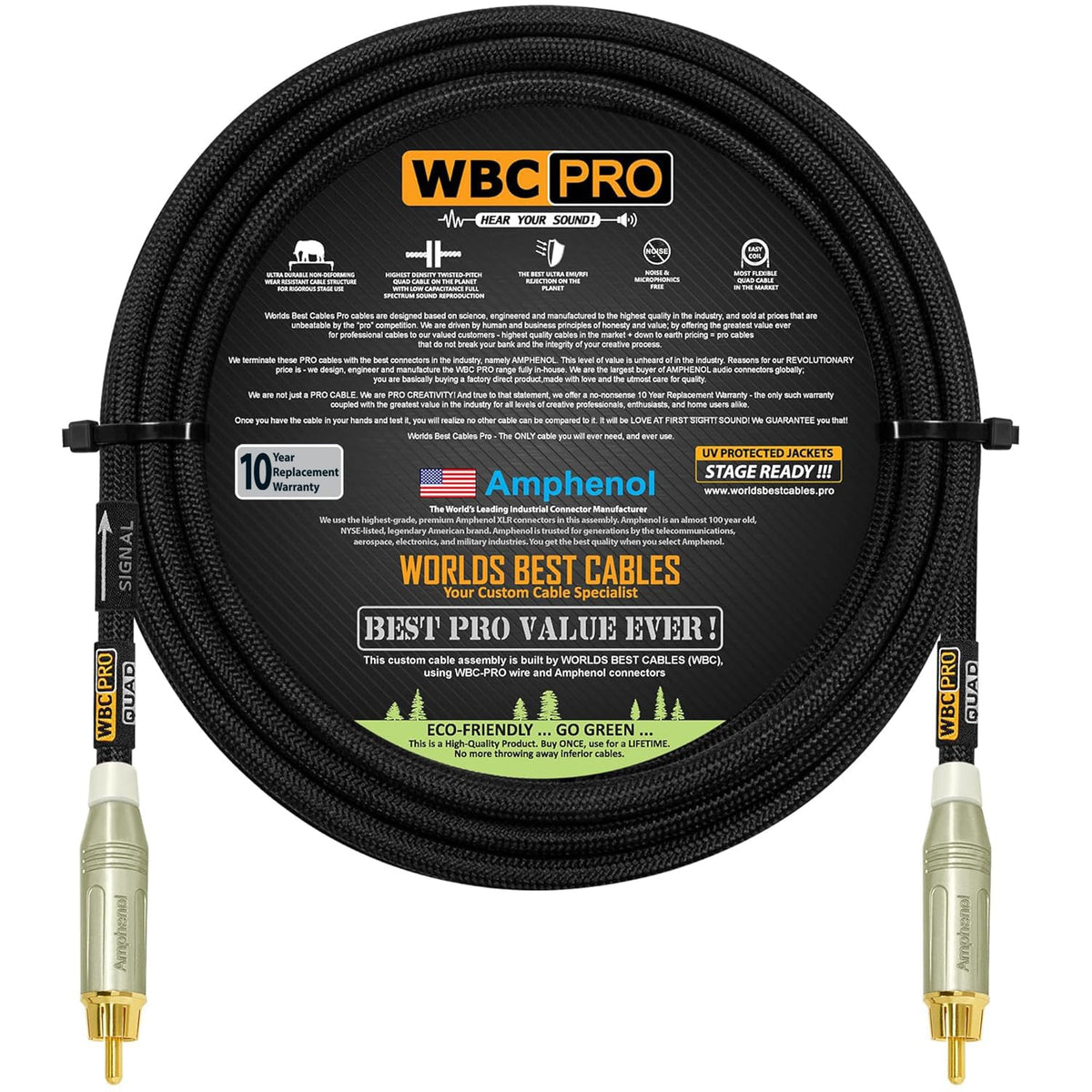Cable de Subwoofer WBC PRO Quad Tweed Negro ultra-silencioso ultra-flexible conectores RCA chapados en oro 12 pies