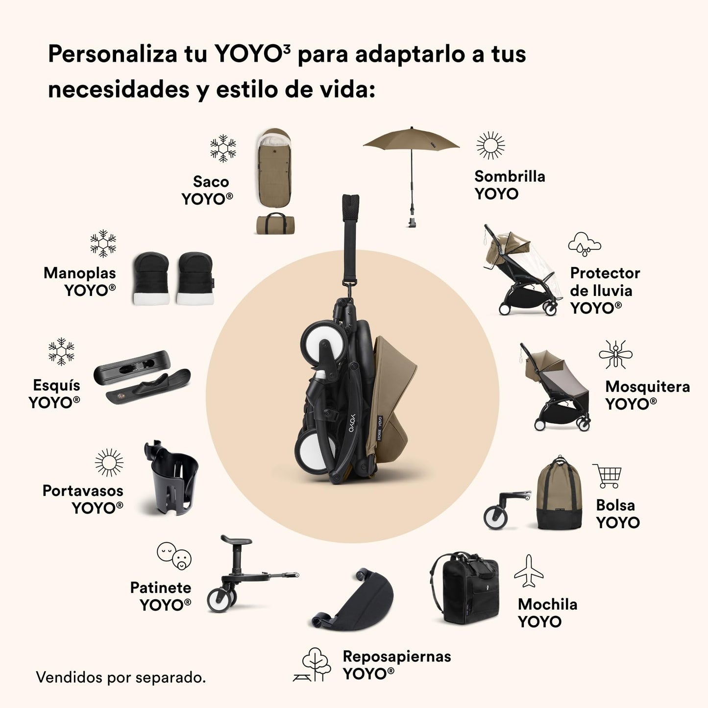 Carriola Stokke YOYO3 a partir de 6 meses - Incluye chasis negro/cojín de asiento Toffee + dosel - Se pliega y despliega en un instante - Ligeroa y compacta - Compatible con equipaje de mano