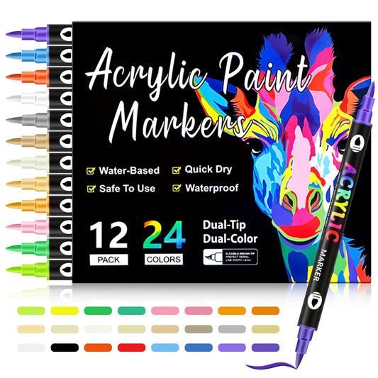 Marcadores de Pintura Acrílica de Doble Punta en 12 Colores para Colorear - Suministros de Arte para Adultos, Adolescentes y Niños. Piedra, Madera, Vidrio, Tela, Cerámica y Adornos de Artesanía DIY