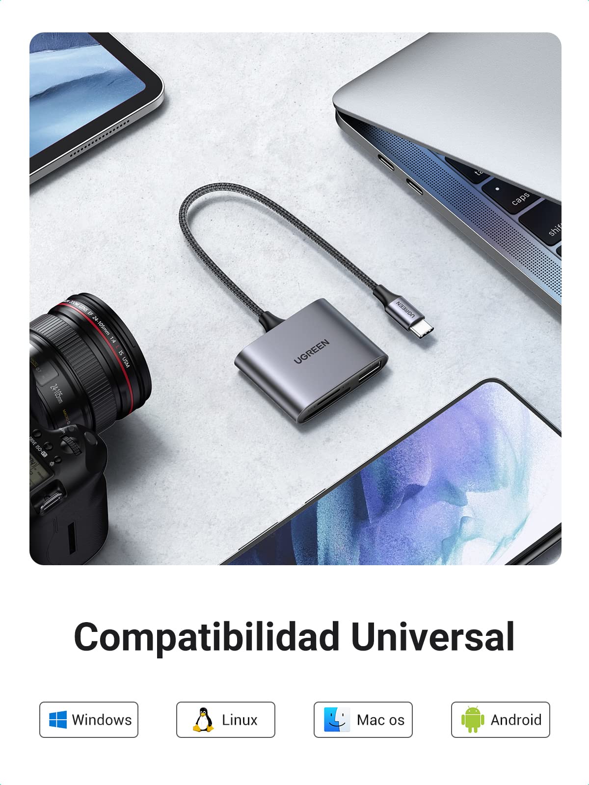 Lector de Tarjetas USB C 3.0 UGREEN Gris con Hub USB 2.0 para MacBook y Samsung Galaxy