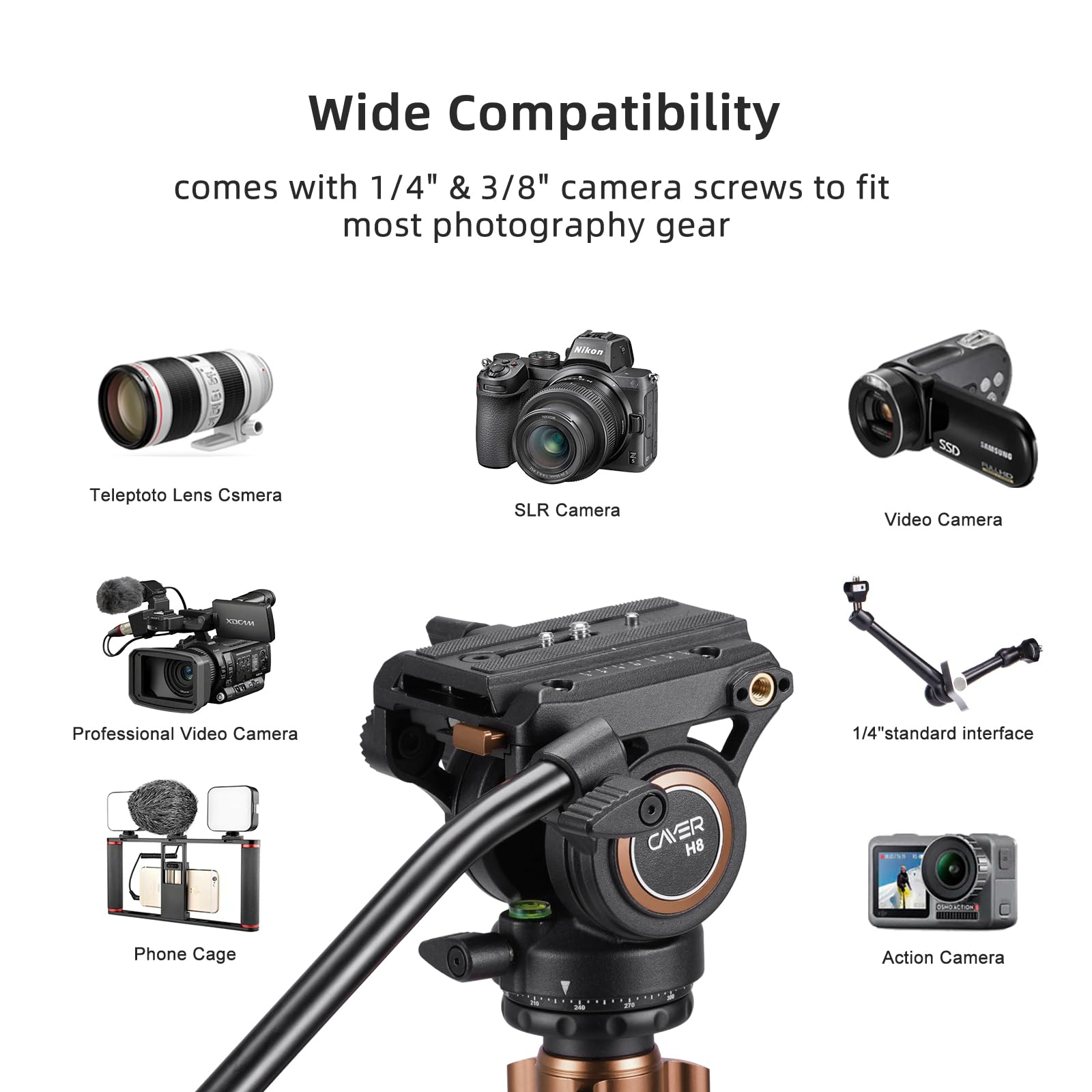 Cayer Trípode de Video de Aluminio de 191 cm Con Cabeza de Fluido y Monopié - Para Cámara DSLR, Capacidad de Carga de 6 kg - FP2450H6
