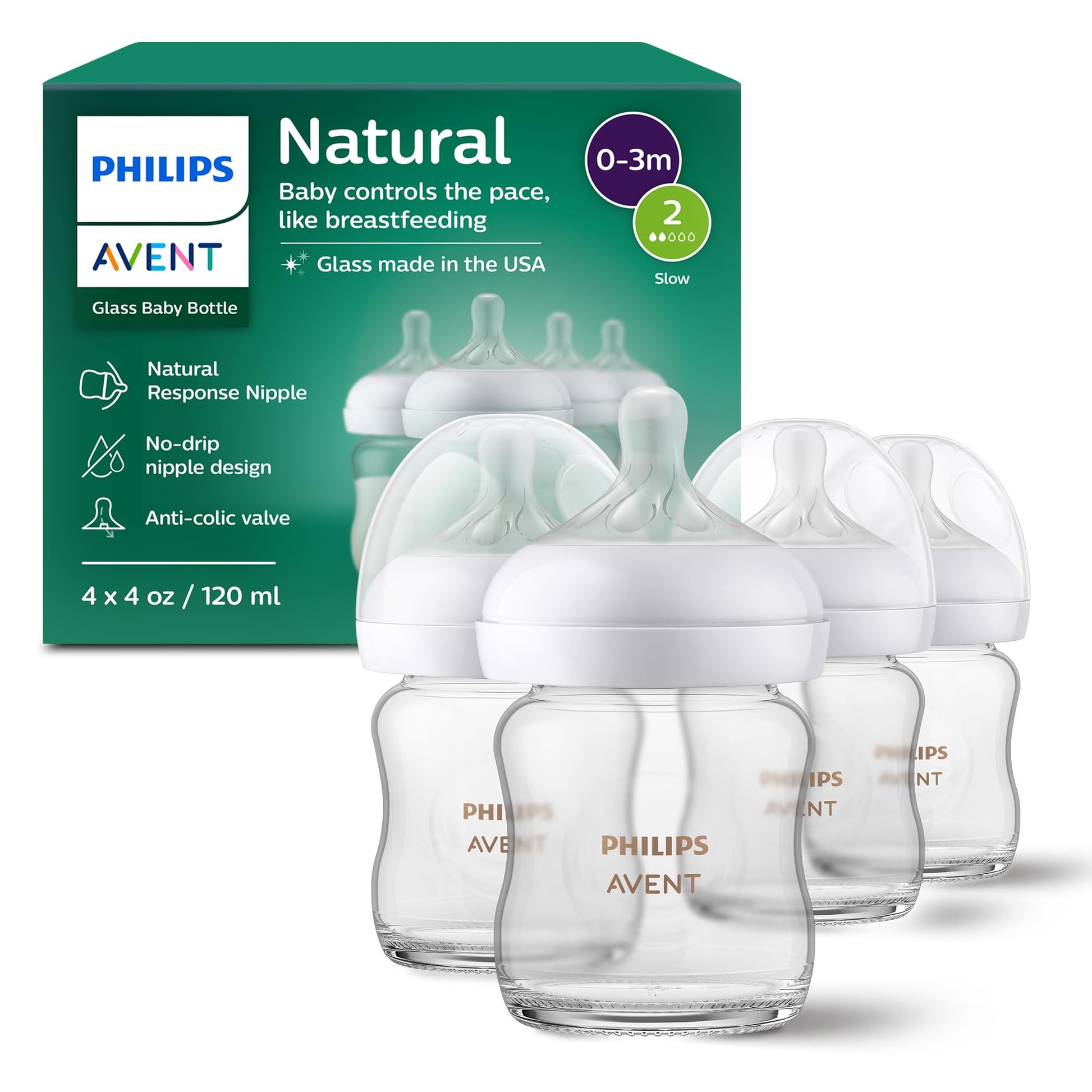 Biberón de Vidrio Natural Philips AVENT Transparente con Pezón de Respuesta Natural, Paquete de 4