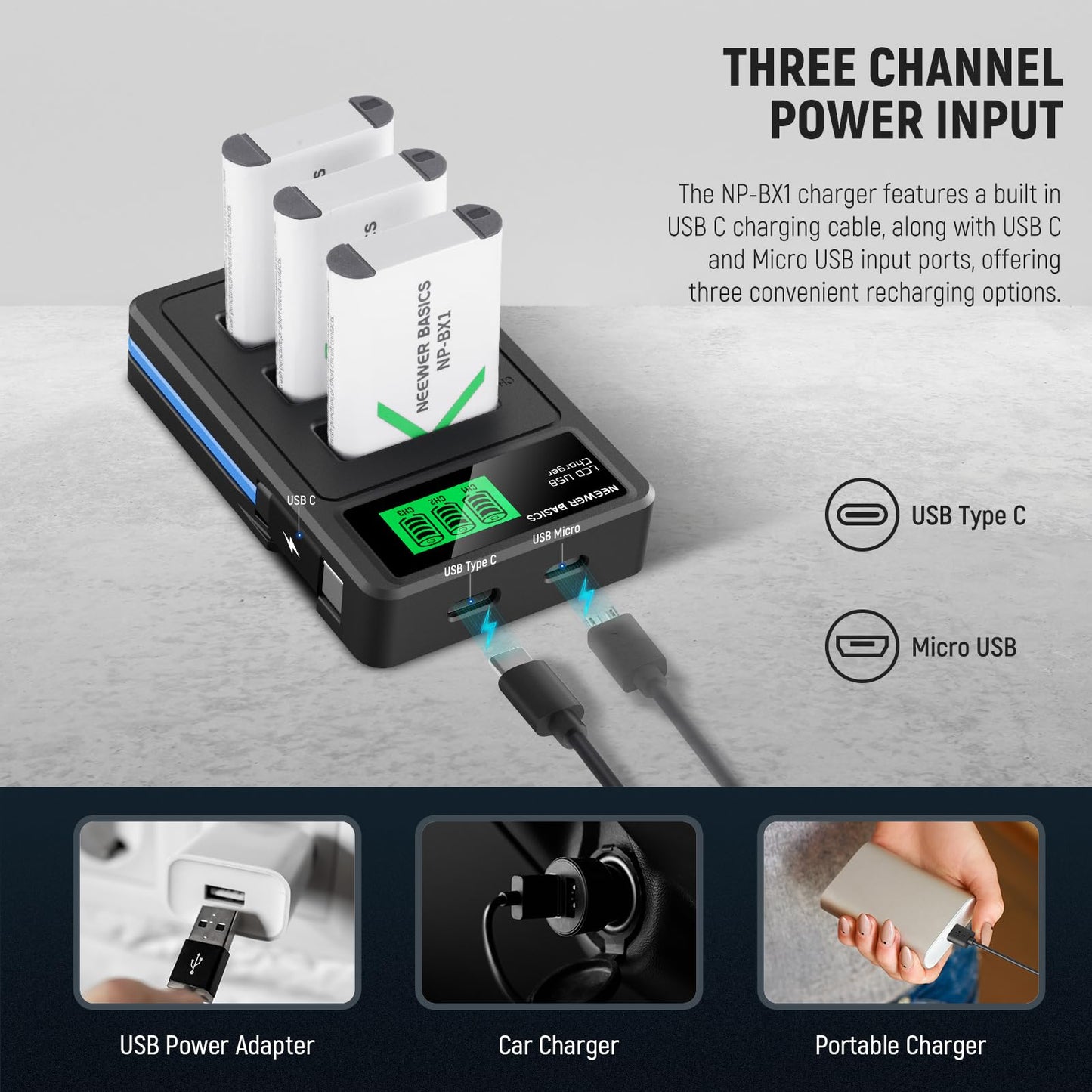 Paquete de Baterías Repuesto Neewer, Blanco, con Cargador Triple USB Compatible con Sony ZV1, ZV-1 II, Cybershot RX100
