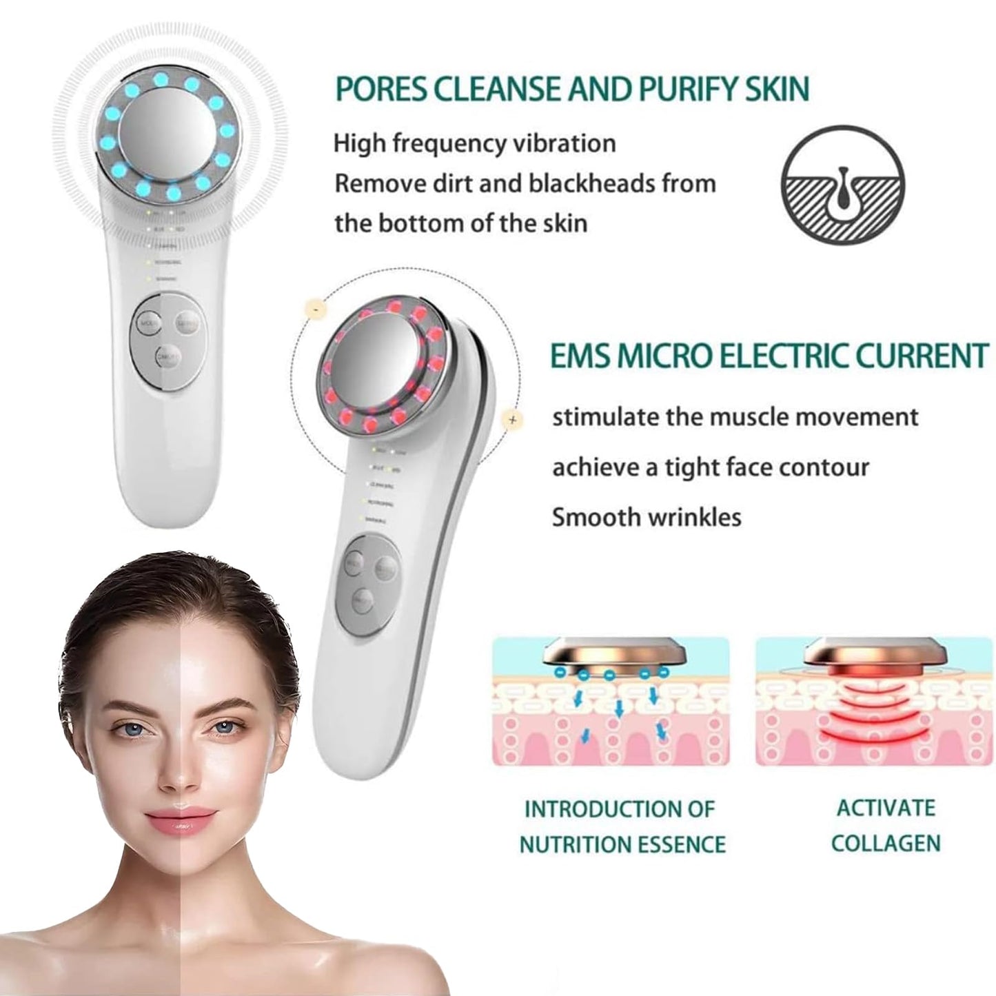 Masajeador Facial Eléctrico, Facial Aparato Radiofrecuencia, 7 en 1 Aparato Facial Ultrasonido, Fototerapia De Luz Roja Y Azul Calor, Anti-Envejecimiento, Limpieza Profunda, Cuidado Facial