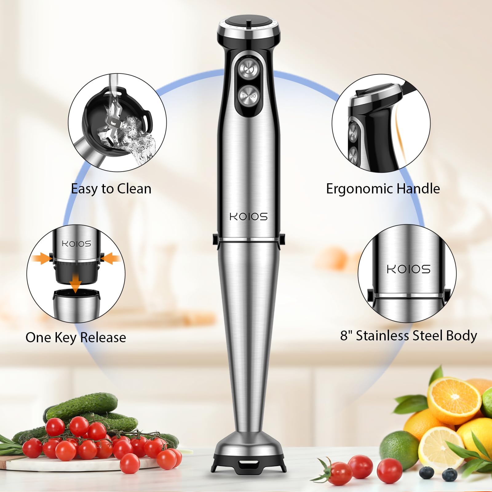 KOIOS Batidora de inmersión, licuadora de mano 3 en 1 antiarañazos de 1000 W, batidora mejorada de acero inoxidable de 12 velocidades con modo turbo, batidor y espumador de leche, sin BPA, negro
