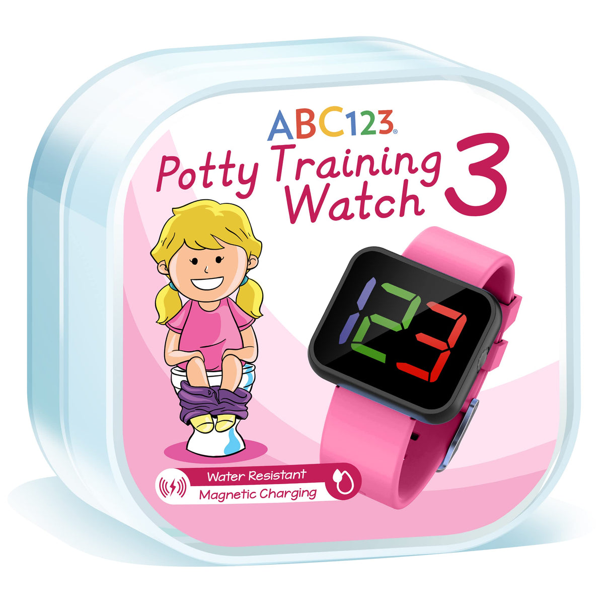 ABC123 Reloj de entrenamiento para ir al baño 3 (edición 2023) – Recordatorio de bebé Temporizador resistente al agua para entrenamiento de inodoro, niños y niños pequeños con carga inalámbrica (rosa)