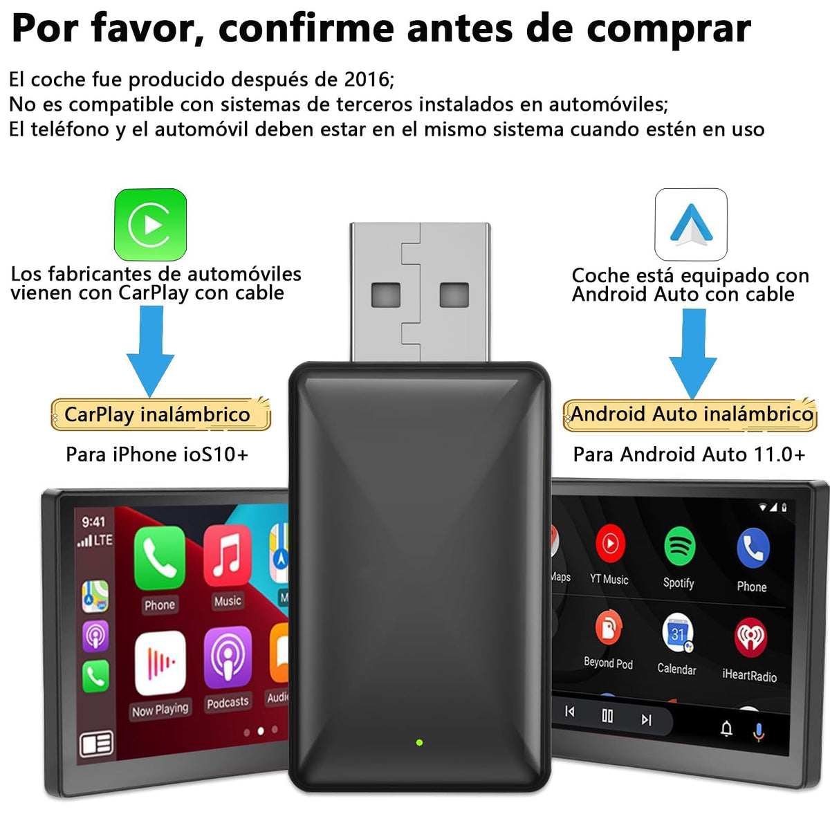 Adaptador CarPlay VDDGRER Inalámbrico Convertidor 2 en 1 para Auto Compatible con iPhone iOS 10+ y Autos 2017+