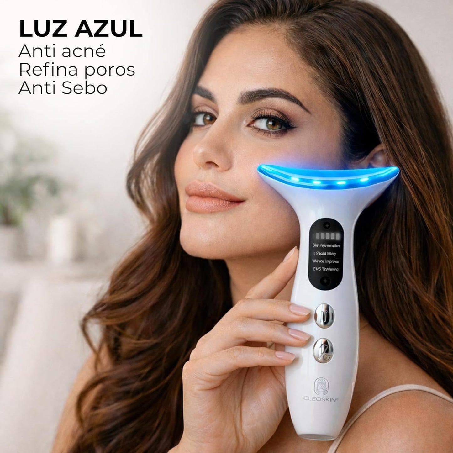 CLEOSKIN Kit Masajeador de Cuello con Fototerapia LED y EMS | Incluye 3 Serums Faciales (Vitamina C, Ácido Hialurónico con Niacinamida y Oro 24K, 30 ml c/u) | Antiedad, Hidratante y Reafirmante