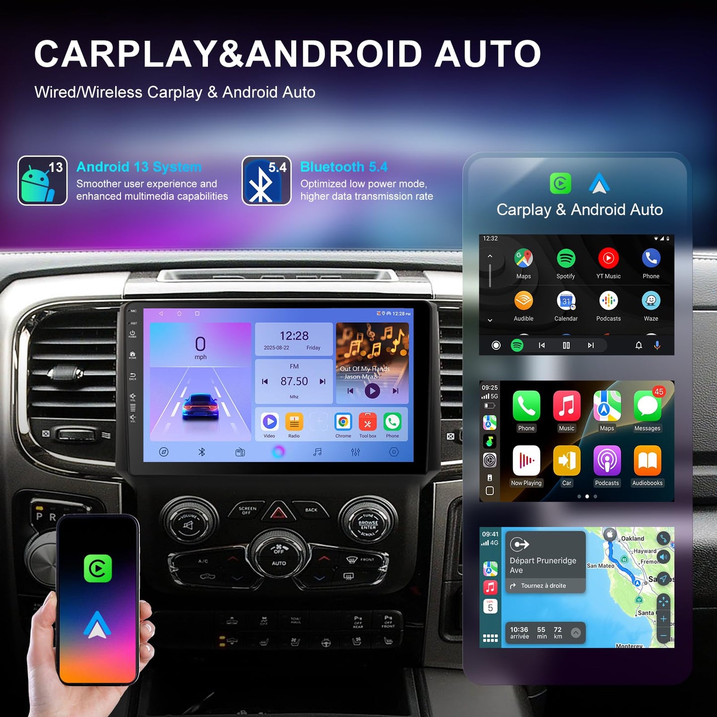 Estéreo de coche QLED Android 13 de 9 pulgadas para Dodge RAM 1500 2500 3500 2013-2018 IPS visualización táctil Radio de coche con Carplay y Android Auto Support Cámara de copia de seguridad GPS FM BT