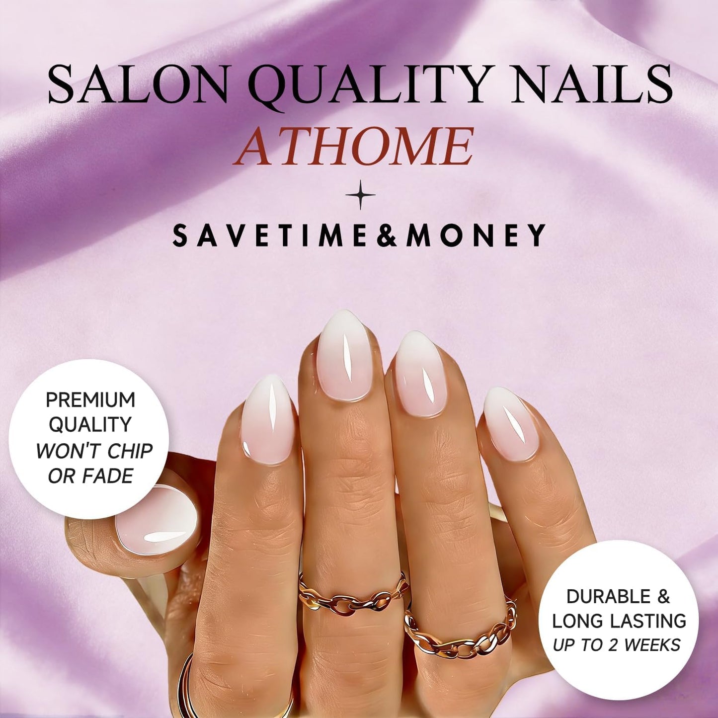 JOYVVEW Uñas postizas Ombre cortas ovaladas, 32 piezas, 16 tamaños, uñas postizas rosa degradado, almendradas, ajuste natural, uñas francesas brillantes con pegamento, acrílicas.