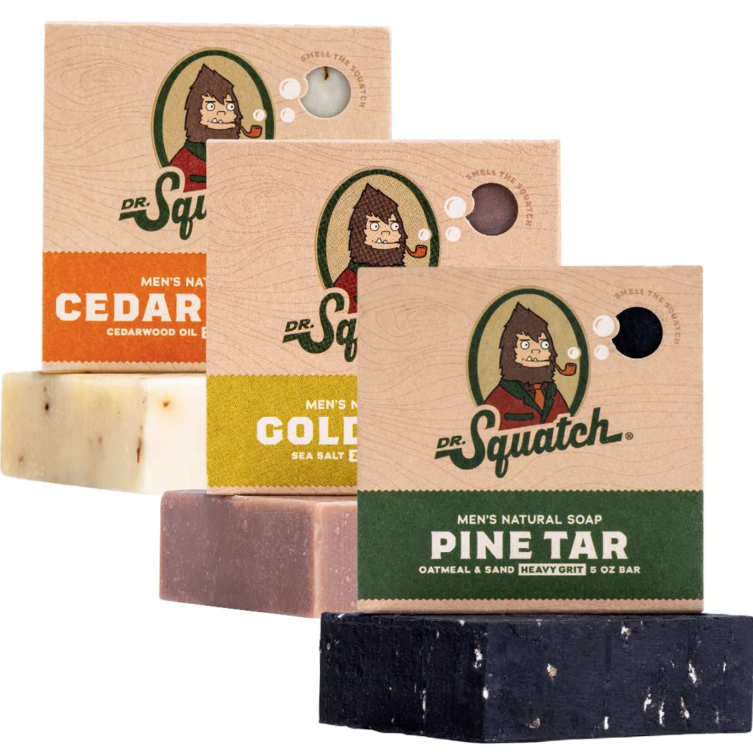 Dr. Squatch Men's Soap Sampler Pack (3 Bars) - Pine Tar, Cedar Citrus, Gold Moss Bars - Natural Manly Scented Organic Soap for Men (3 Bar Bundle Set)