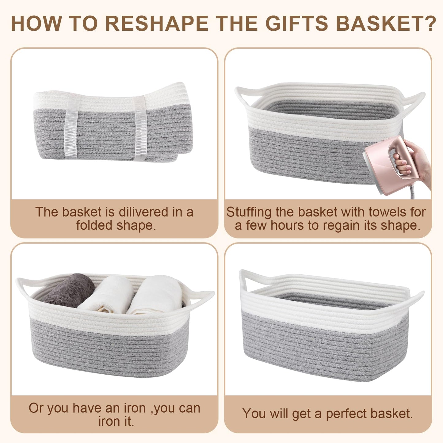 OIAHOMY Cesta tejida pequeña con bolsas de regalo y cintas, cesta de regalo vacía para bebé, cesta de almacenamiento con asas para orejas de gato para estante, sala de estar, baño, cesta de juguetes