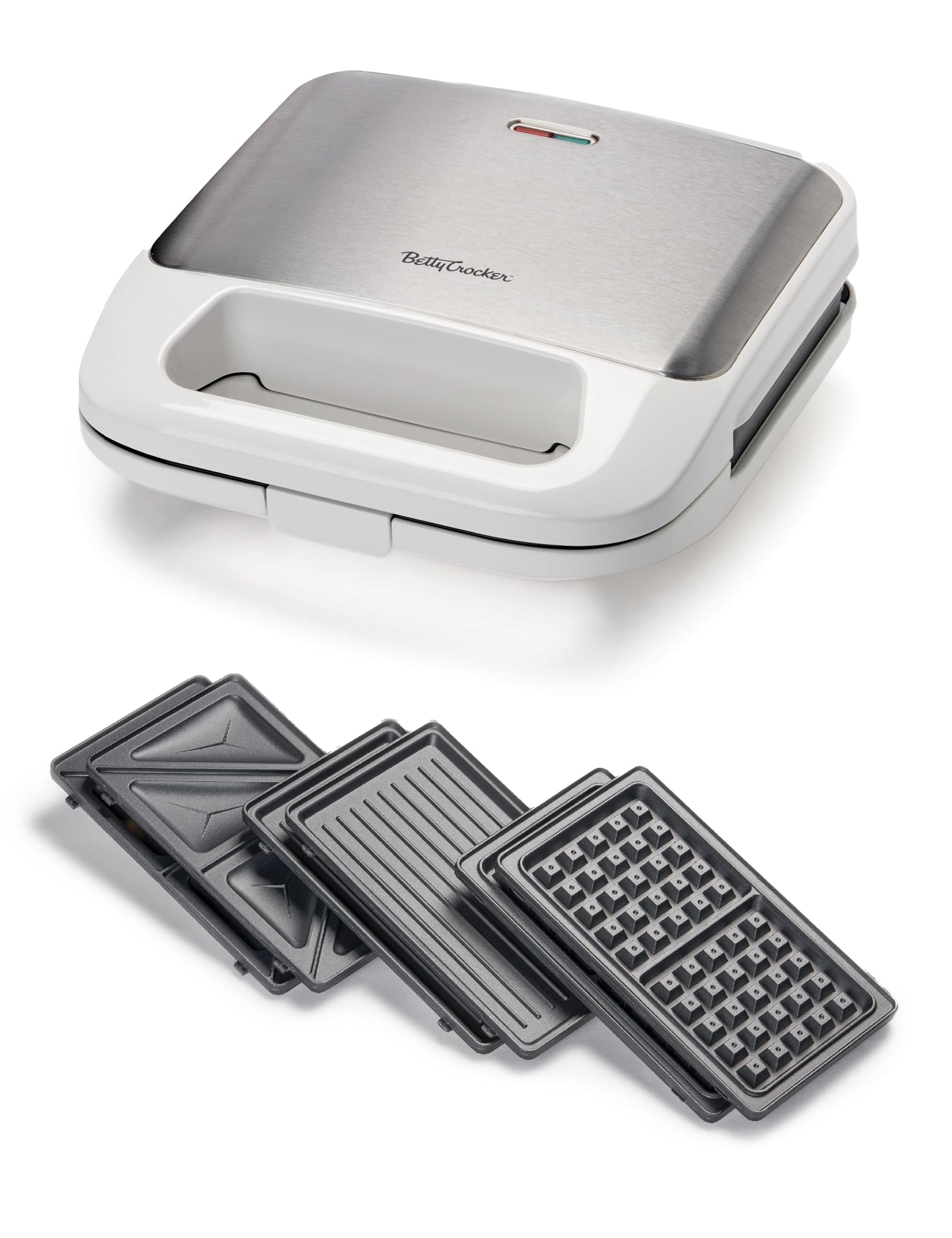 Betty Crocker 3 en 1 - Parrilla para interior, sándwich/Panini Press & Waffle Maker Plus, parrilla eléctrica interior con placas antiadherentes intercambiables, 750 W, BC-4965W, color blanco