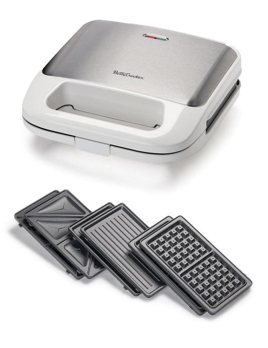 Betty Crocker 3 en 1 - Parrilla para interior, sándwich/Panini Press & Waffle Maker Plus, parrilla eléctrica interior con placas antiadherentes intercambiables, 750 W, BC-4965W, color blanco