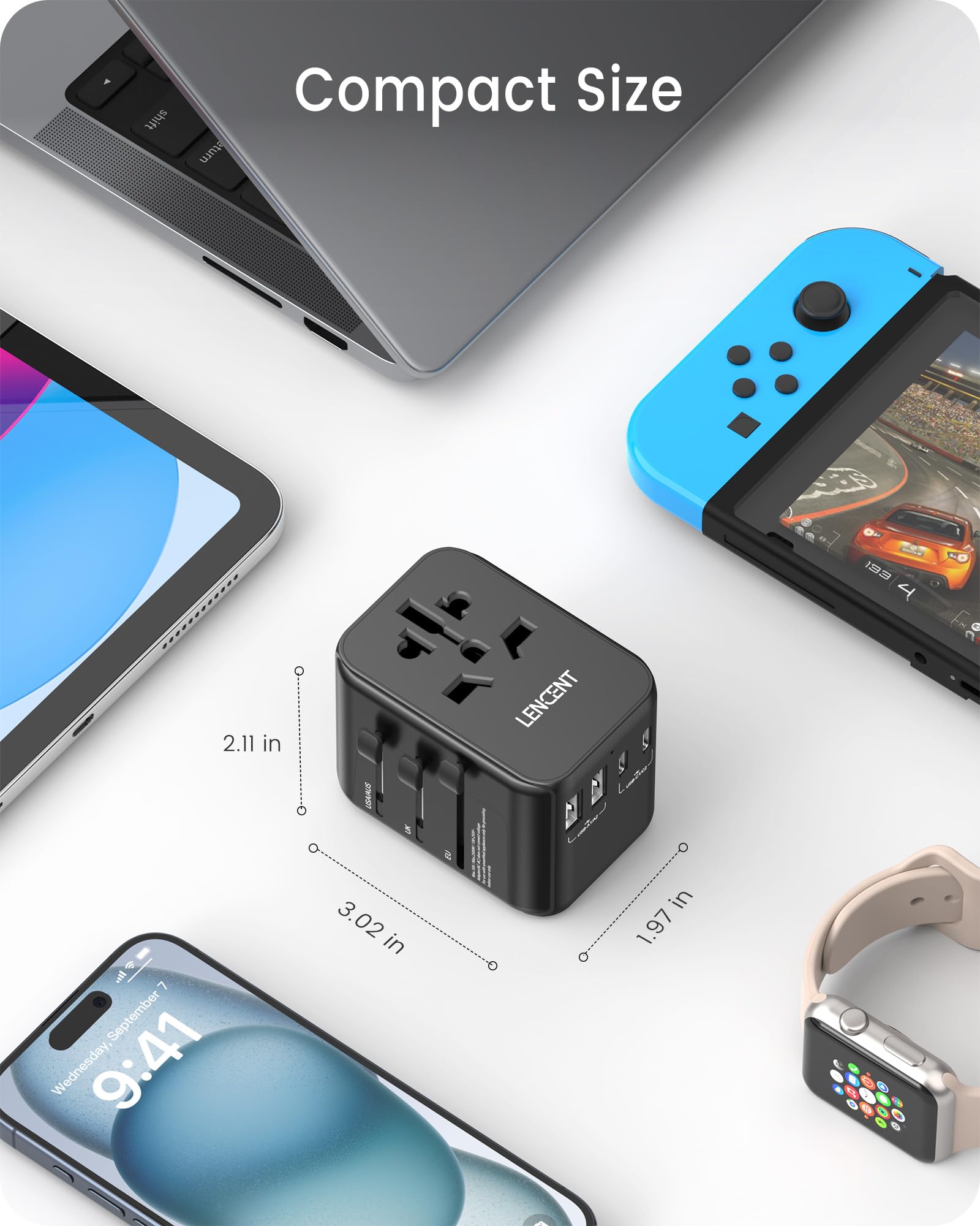 LENCENT Adaptador Universal de Viaje, Cargador Universal con 2 Puertos USB y 3 USB-C Carga Rápida PD 30W, Adaptador Internacional Enchufe Tipo A/C/G/I para USA, Reino Unido, Europa, Australia, Negro