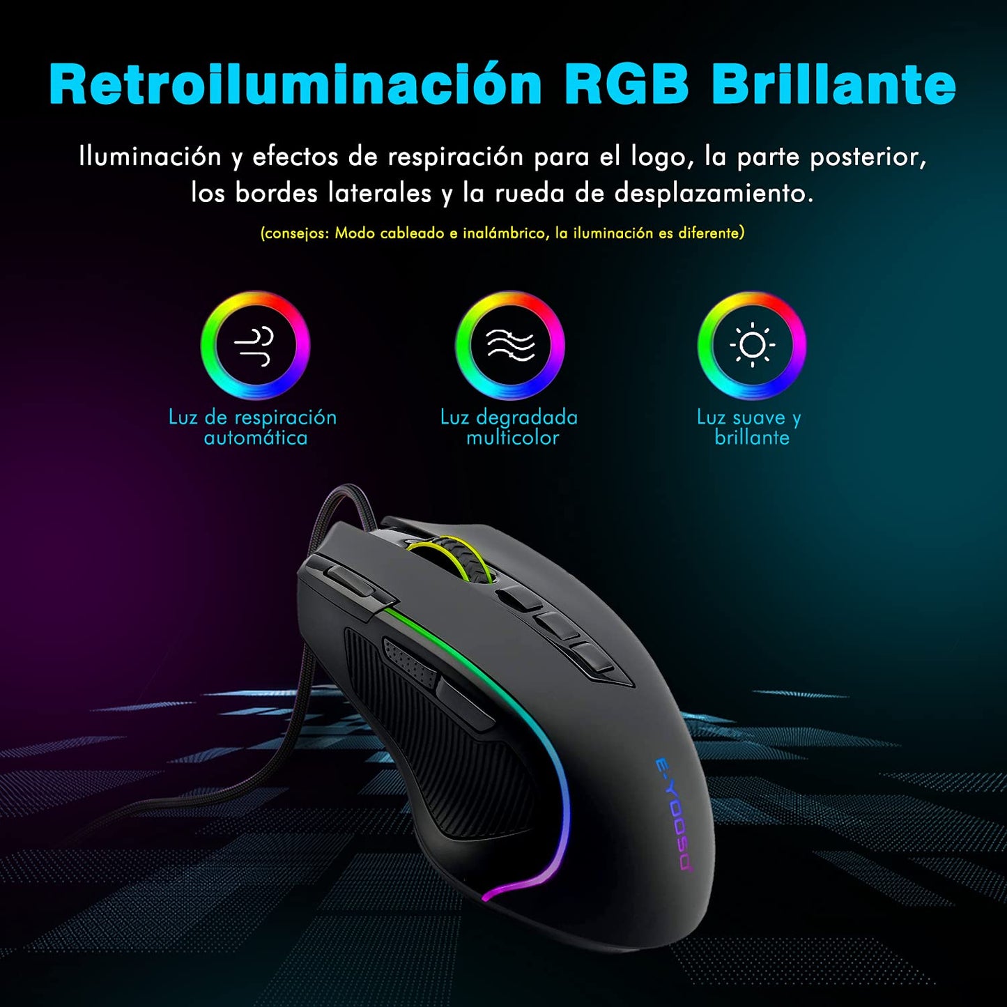 Mouse Gaming TERPORT S500 Inalámbrico Óptico RGB con 9 Botones Programables y 8000 DPI