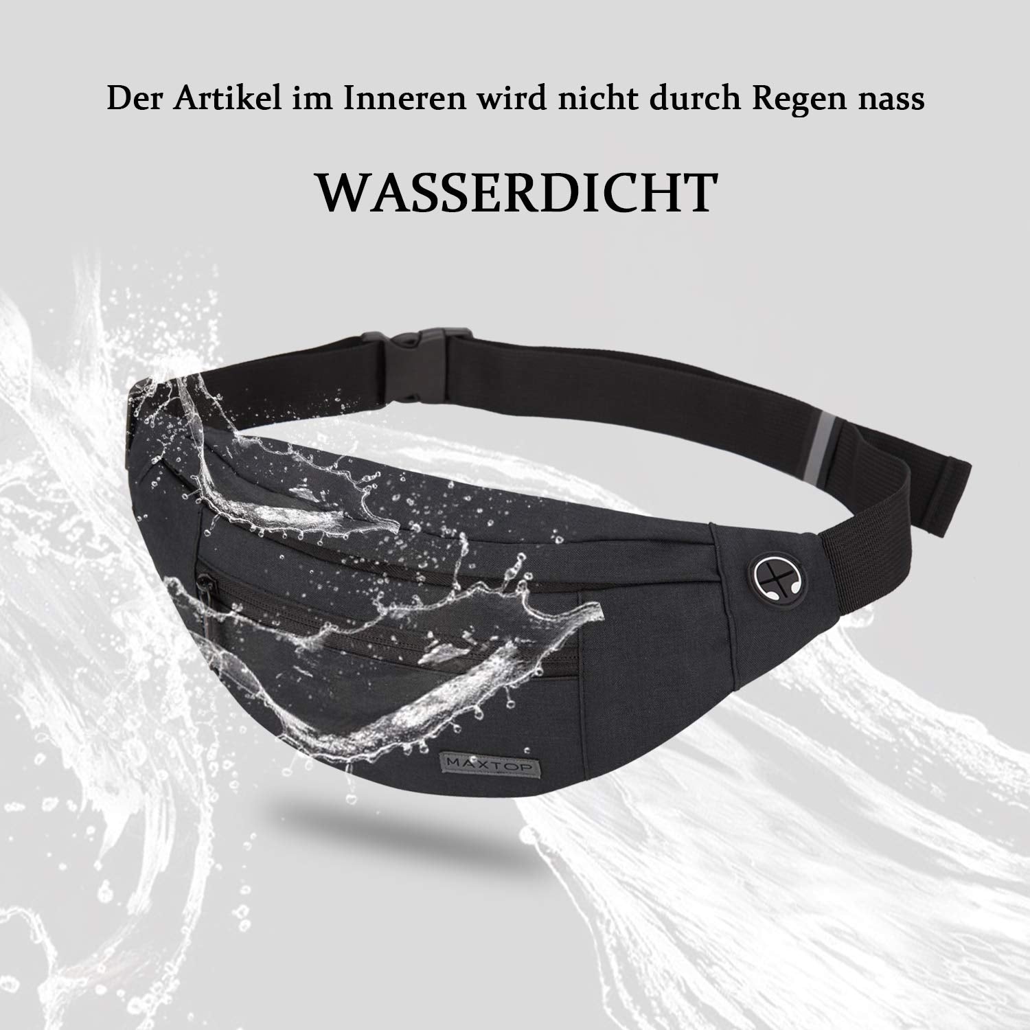 Riñonera MAXTOP Negro con Conector para Auriculares y 4 Bolsillos para Mujer y Hombre