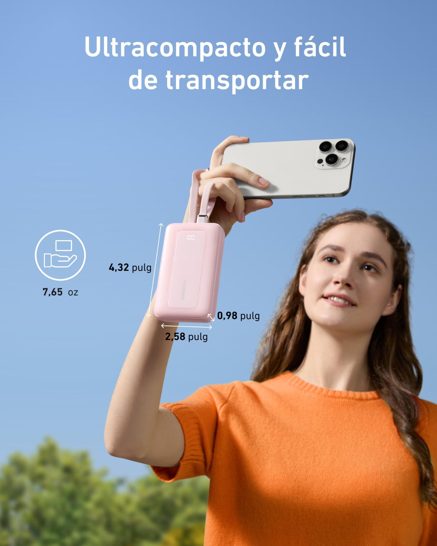 Power Bank Anker Zolo Negro Integrado Carga Rápida 30W para iPhone y Samsung