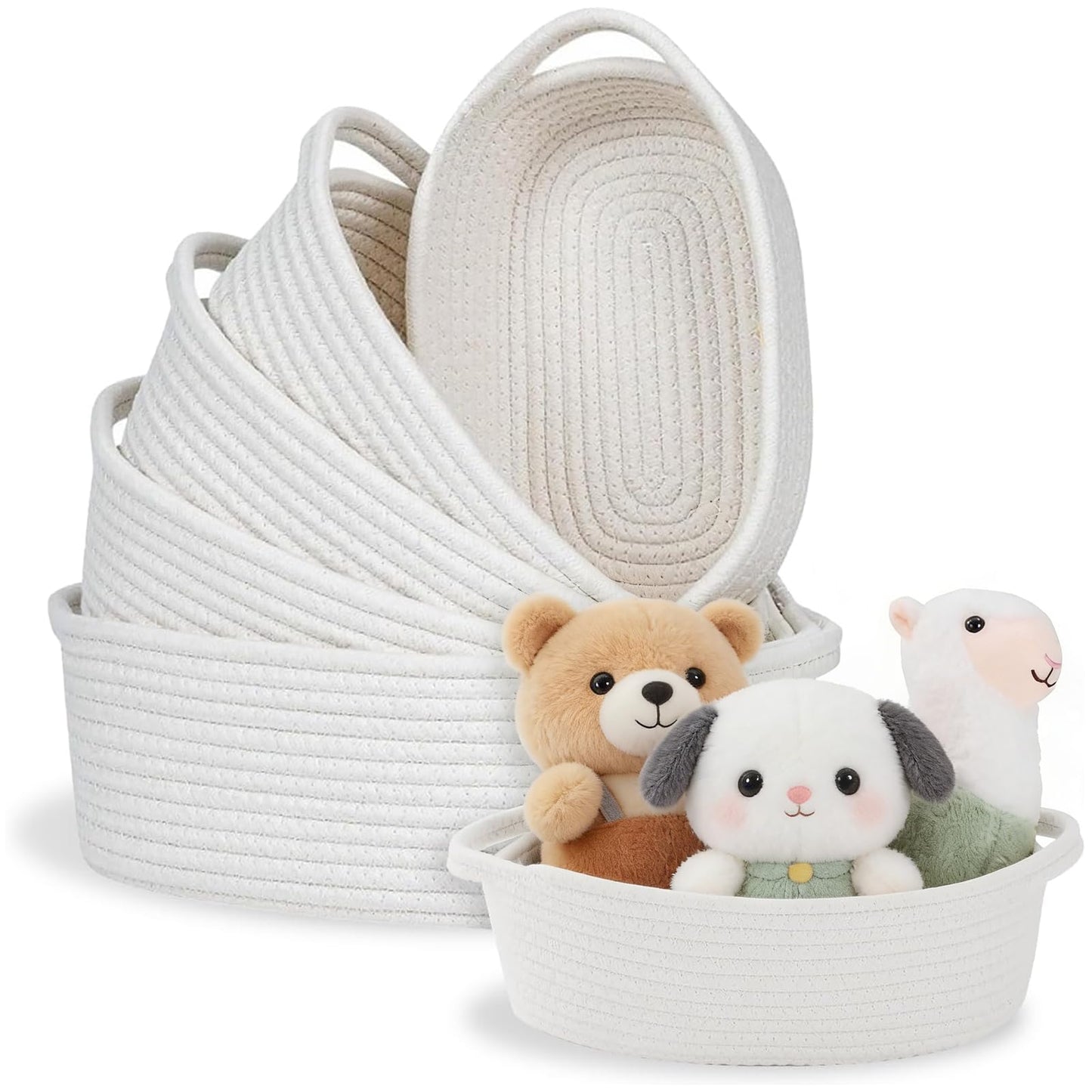 NUIO 5 Piezas Canastas Organizadoras Rectangulares de Algodón Natural con Asas, Caja Cestas de Almacenamiento,Ideal para Baño, Juguetes Infantiles, Clóset, Maquillaje y Organización del Baño (blanco)