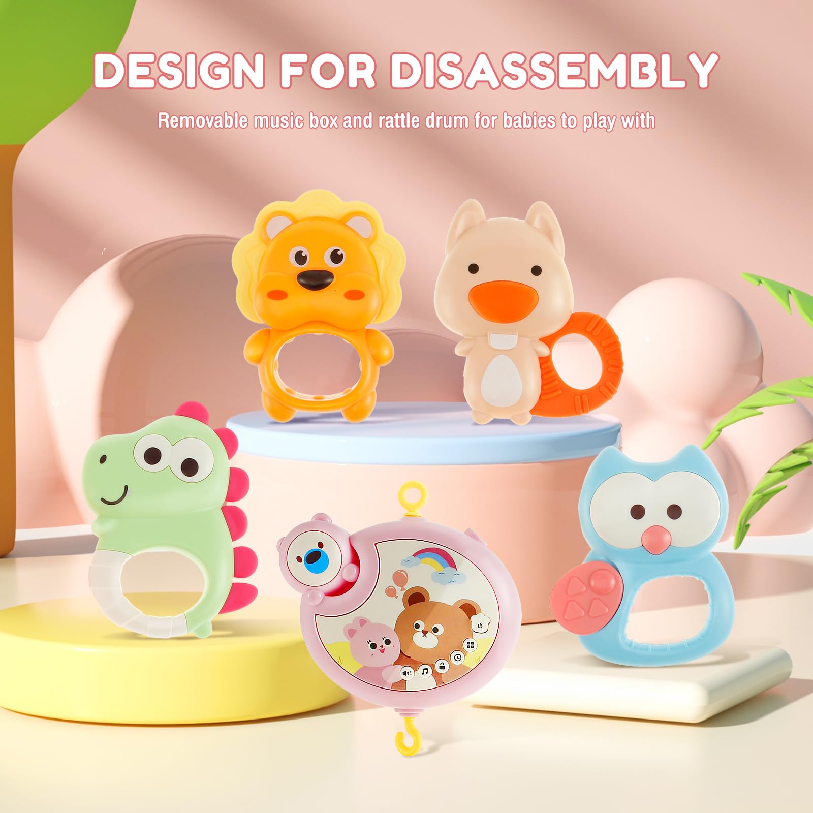 Móvil para cuna musical, juguetes colgantes para cuna con música y luces nocturnas, móvil para cuna de bebe rotación de 360° para bebé, regalo para recién nacidos (rosa)