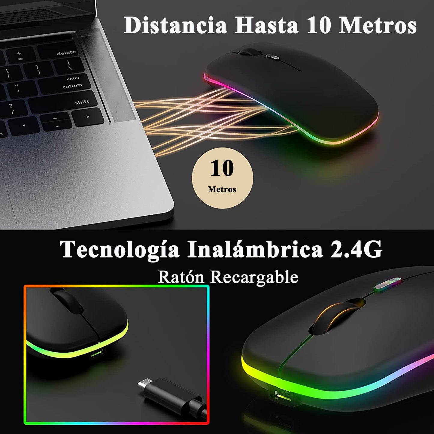 LED Mouse Inalámbrico Recargable, Fotgear Ratón Wireless 2.4G Ergonómico Wireless Ratón óptico Silencioso Click, con Receptor USB Adaptador, Ideal para Ordenadores Portátiles, Dispositivo Inteligentes