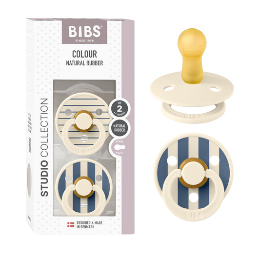 BIBS Chupones Studio Pin Colour Pack de 2, Tetina redonda de látex natural, Talle 2, Color Ivory/Steel Blue Mix, 6 a 18 meses, Hecho en Dinamarca
