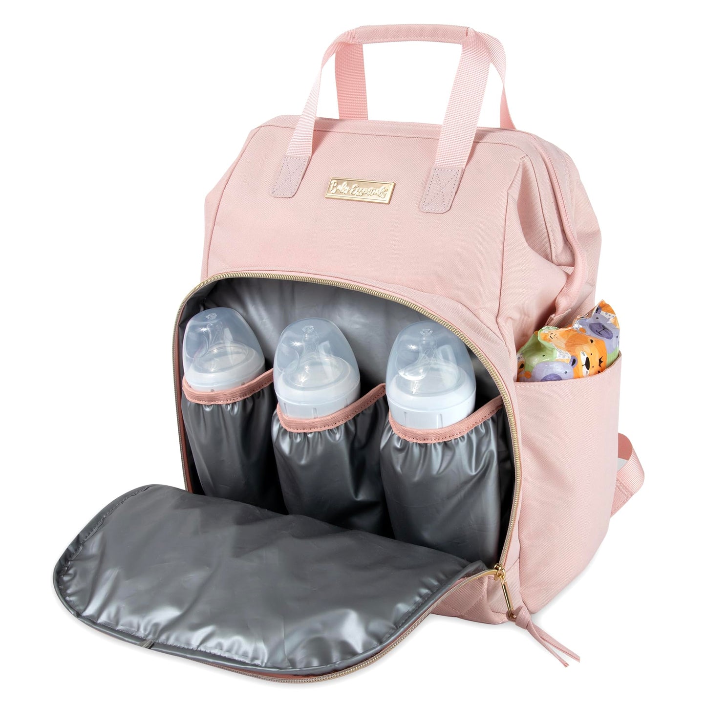 Baby Essentials - Mochila de pañales con marco principal súper enfriadora con cambiador, correas para carriola, compartimento aislado para botellas, Malva rosa, Mediano, Mochila para pañales