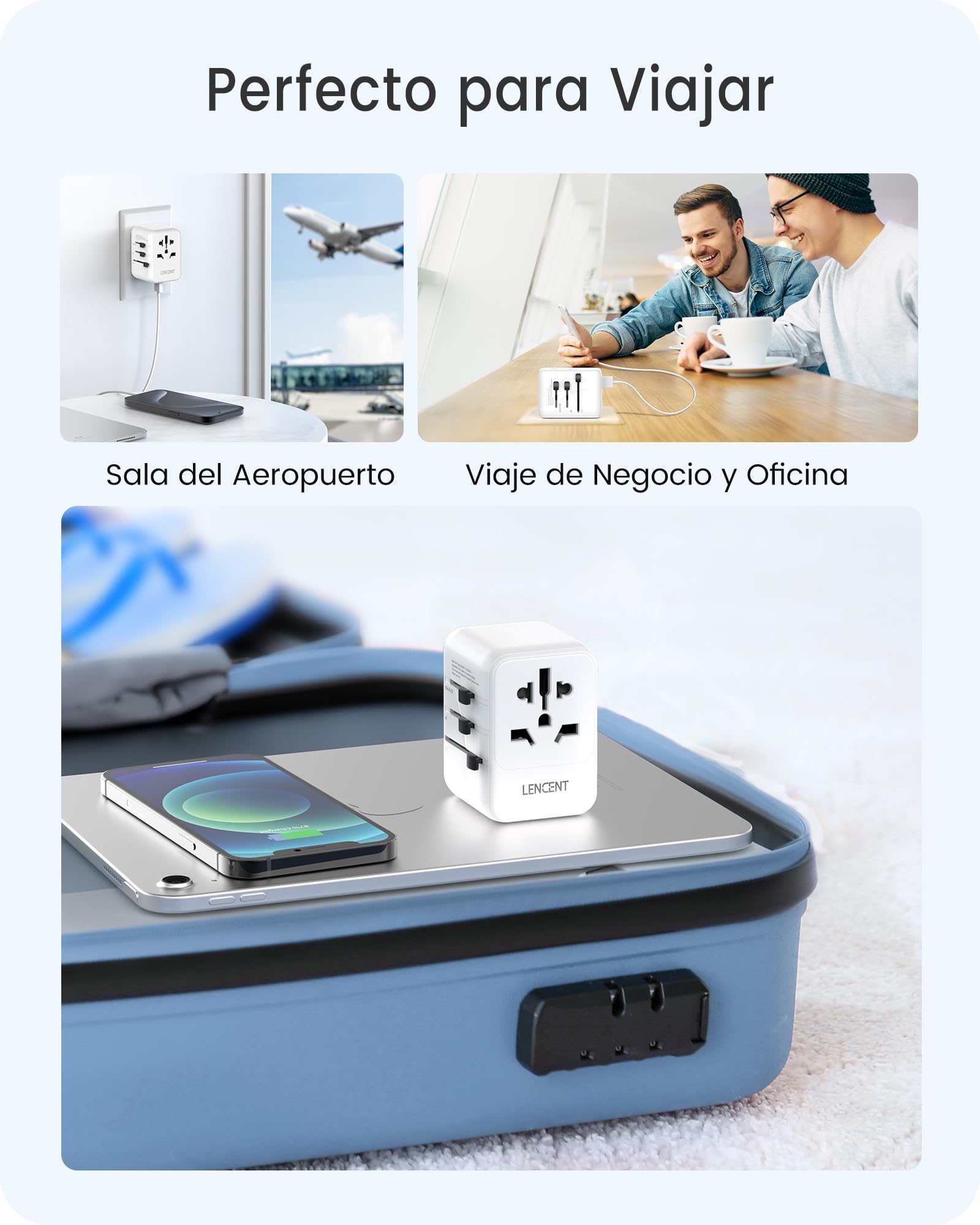 LENCENT Adaptador de Viaje Universal, Cargador Internacional con 3 Puertos USB y PD Tipo-C, para más de 200 países Tipo A/C/G/I (EE. UU, Reino Unido, UE AUS), Blanco