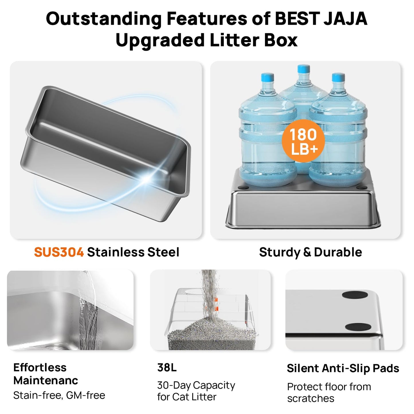 BEST JAJA Arenero de Acero Inoxidable con Tapa, de Metal Sus304, para Gatos, Cerrado, Extragrande, de Pared Alta, Inodoro Jumbo con Triple Pedal, Antiadherente Y Antifugas (Blanco Extragrande)