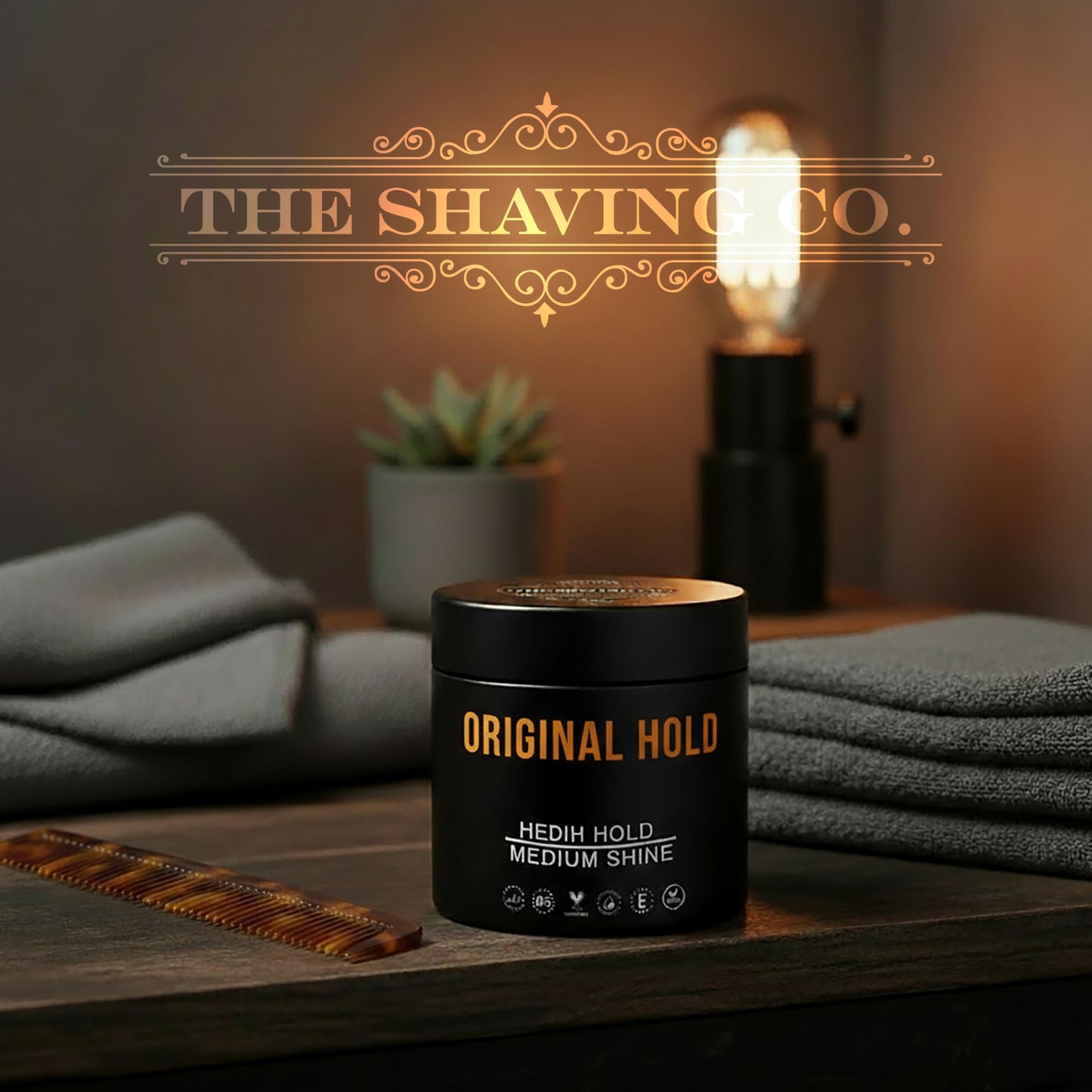 ORIGINAL HOLD POMADE The Shaving Co. Cera para el cabello base agua. Original Hold Pomade. FIJACIÓN MEDIA - BRILLO MEDIO. Libre de Parabenos - Libre de Sulfatos - Cruelty Free - Contiene VITAMINA B5 y E. Medium Hold Medium Shine. Pomada para cabello. Hair