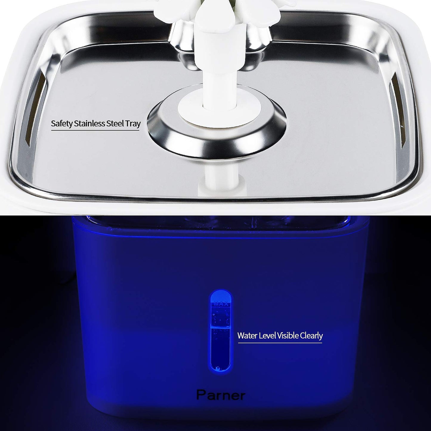 Fuente de Agua para Gatos Parner Acero Inoxidable Ultra Silenciosa con Indicador de Nivel y Filtros