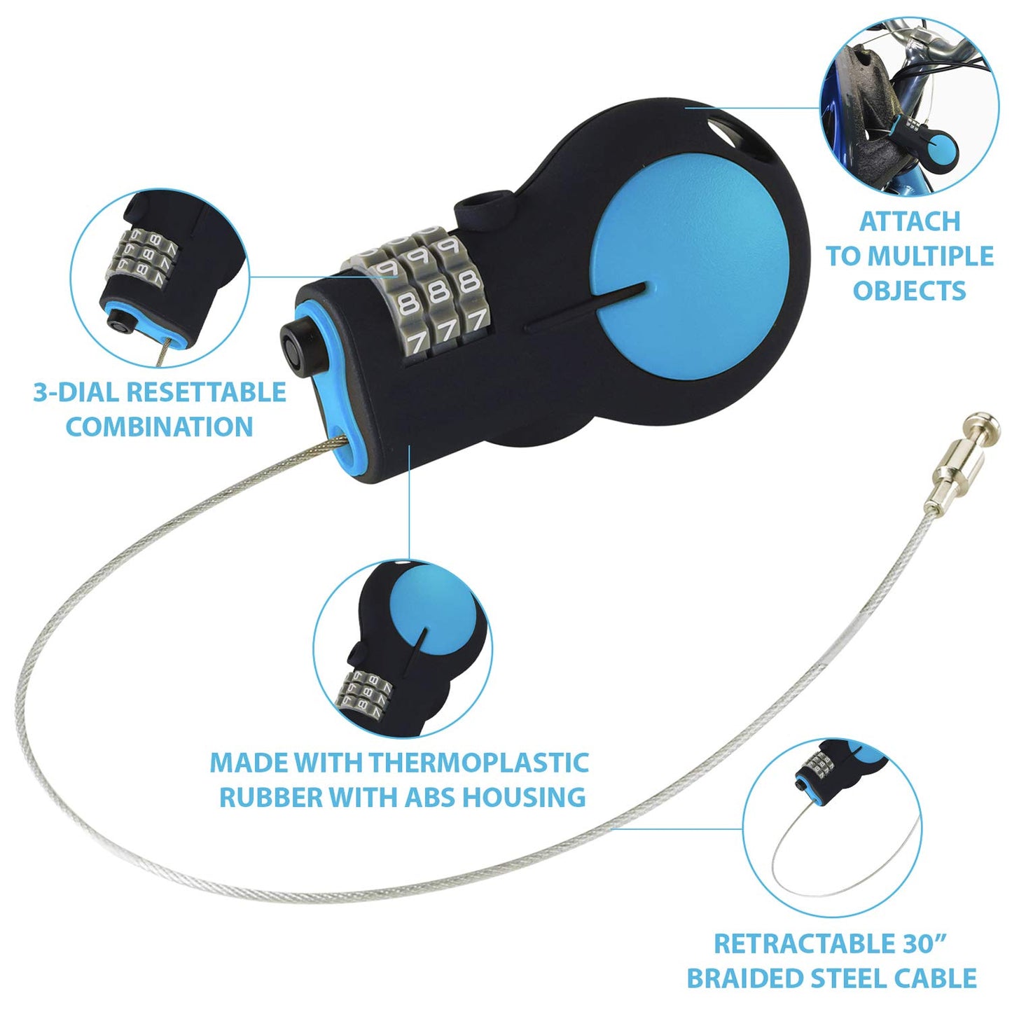 Lewis N. Clark - Candado de cable retráctil con cable de acero de 30 pulgadas, Azul, Una talla, Candado aprobado por Tsa y candado para bicicleta para equipaje + viajes, configura tu combo con cable