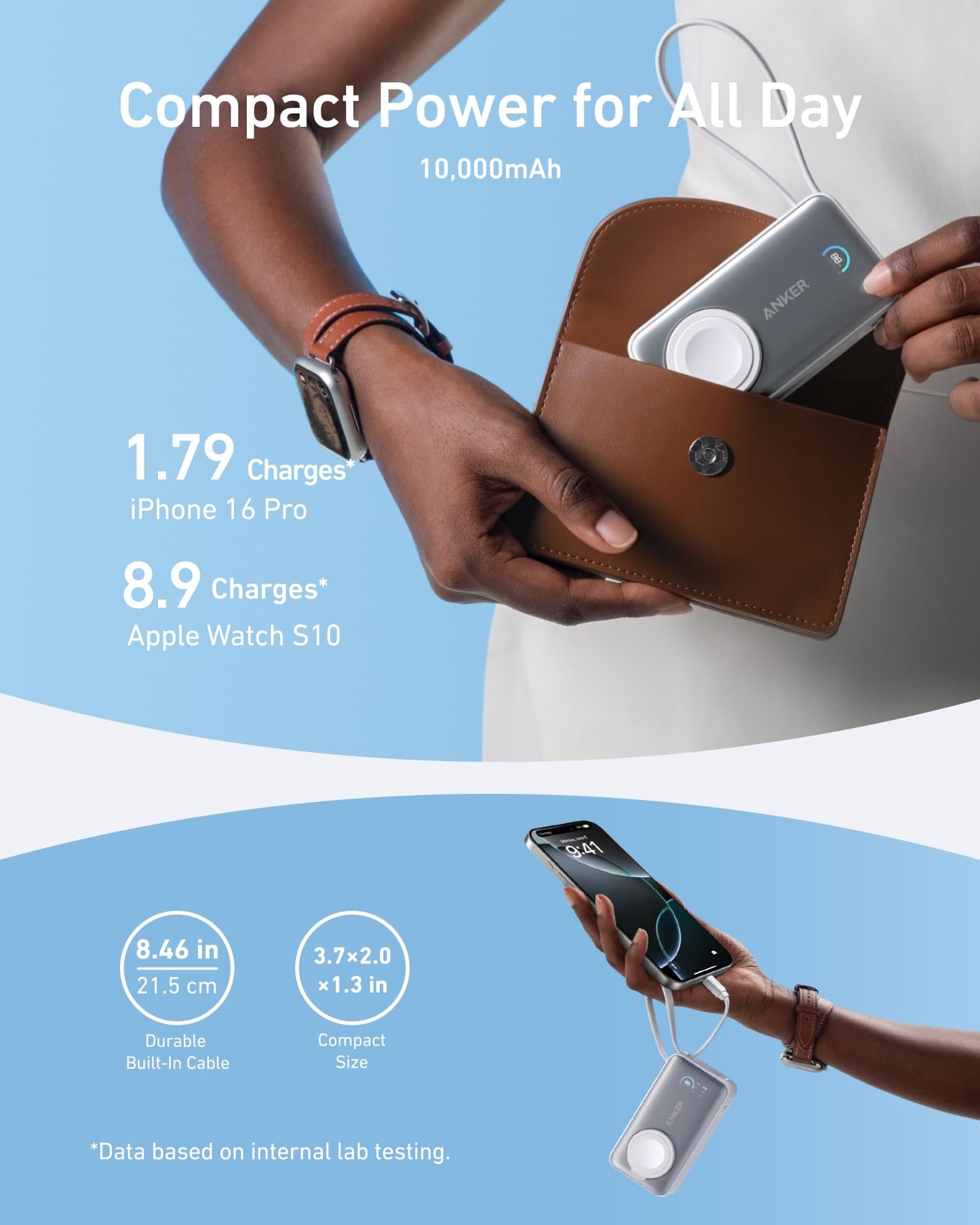 Power Bank Anker MagGo 10,000 mAh USB-C Integrado Máx 35W para Apple Watch y iPhone 15