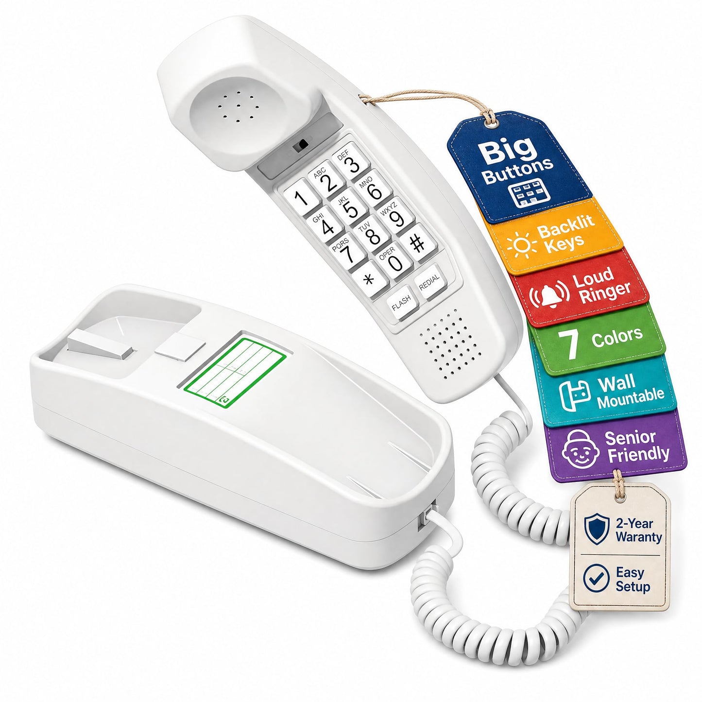 Teléfono Trimline - Choctaw blanco - Diseño de rosas duradera de teléfono - Una mejorada versión de la princesa en 1965 teléfonos - Réplica de estilo Retro con botones grandes teléfonos para personas mayores - 30 da y garantía de devolución - 3 años de ga