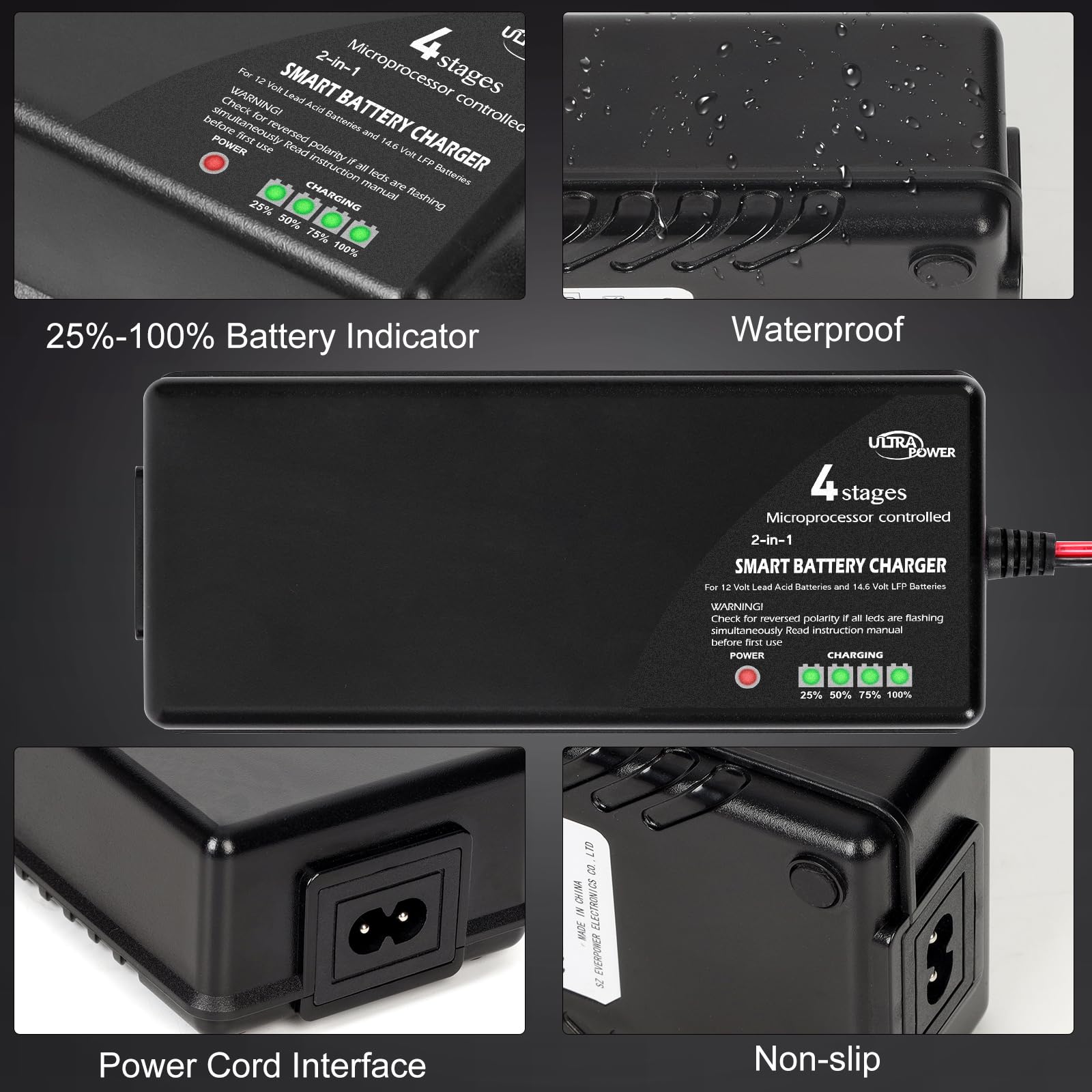 ULTRAPOWER - Cargador de batería mejorado de 10 amperios, LiFePO4 de litio de 14.6 voltios y SLA GEL de 12 voltios, cargador de batería para coche, carrito de golf, UAV, baterías de energía al aire