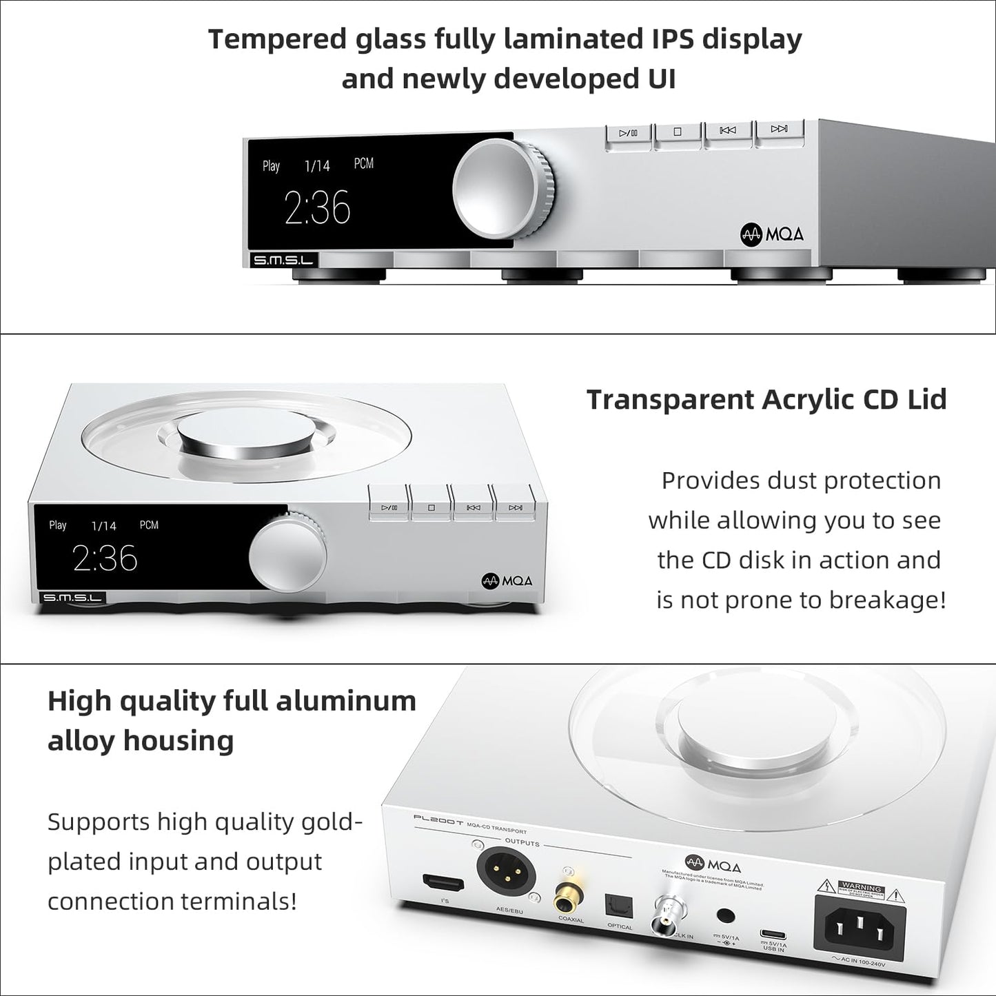 SMSL PL200T CD Player MQA-CD Digital Turntable Hi-Fi Decoder 32bit/768kHz DSD512 Optical/Coaxial/I²S/AES Output Professional Clock Input Home/Studio Audio System Transparent Dust Cover