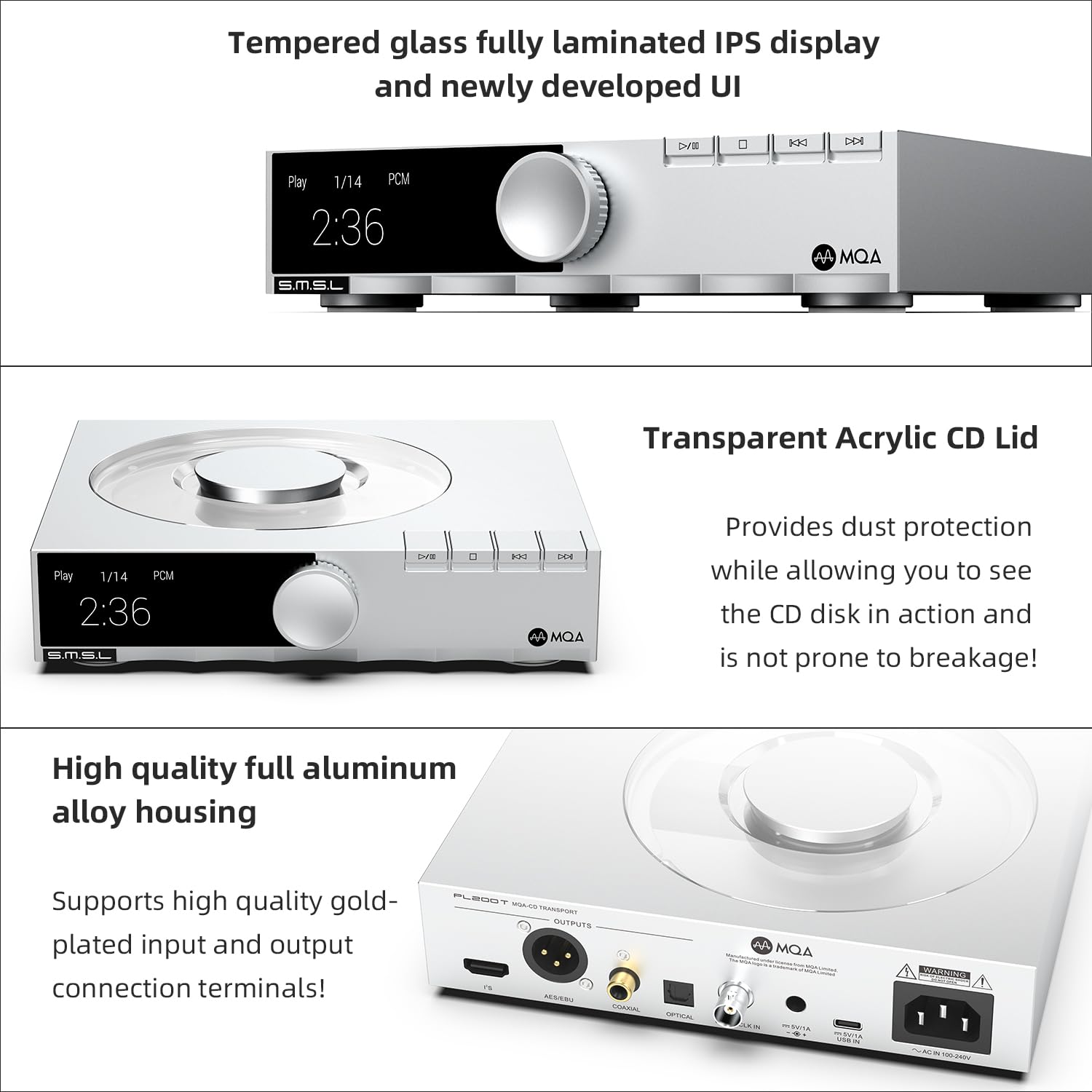 SMSL PL200T CD Player MQA-CD Digital Turntable Hi-Fi Decoder 32bit/768kHz DSD512 Optical/Coaxial/I²S/AES Output Professional Clock Input Home/Studio Audio System Transparent Dust Cover
