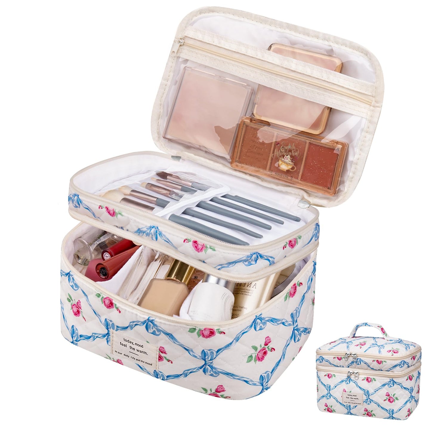 Bolsa de maquillaje, bolsa de cosméticos grande para mujeres y niñas, lindas bolsas de maquillaje acolchadas, bolsa de aseo estética de coquetas florales, bolsa organizadora de maquillaje de viaje