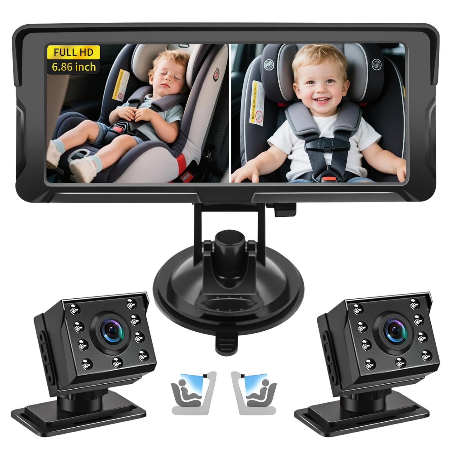 Bebé Coche Espejo, 6.86 Pulgadas Cámara Coche Bebé Asiento Trasero HD 1080P con Visión Nocturna, Ángulo de Visión Amplio de 150°, Espejo de Coches para Bebés con Giratorio 360°, Espejo Retrovisor Auto