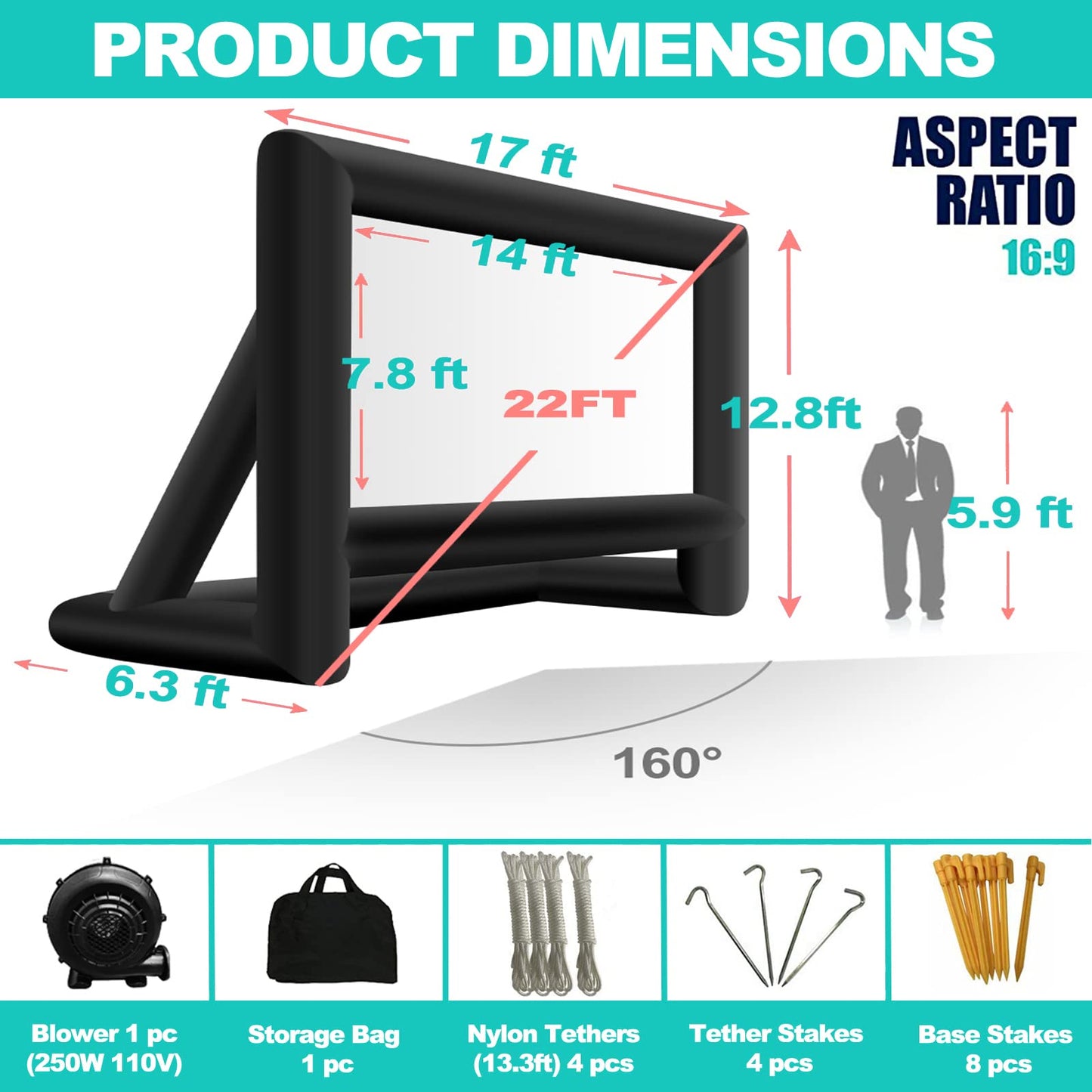 GYUEM Pantalla de proyector de 22 pies - Pantallas inflables de Cine para Exteriores e Interiores - Incluye Cuerda, soplador, estacas para Carpa - Ideal para Fiestas al Aire Libre