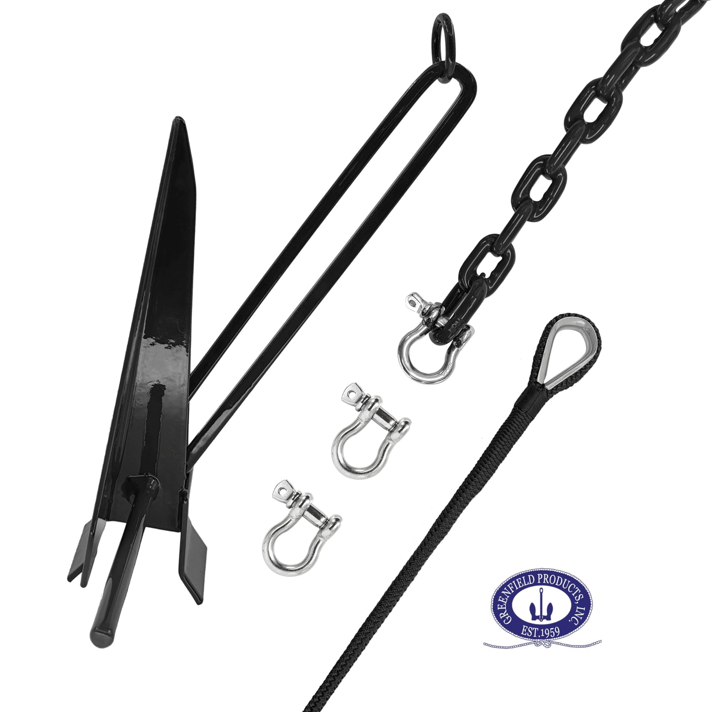 Greenfield Kit completo de anclaje para barco (hasta 16 pies y 24 pies) viene con anclaje Fluke, cadena de anclaje, cuerda de anclaje, grilletes. Kit Fluke recubierto negro. Accesorios para
