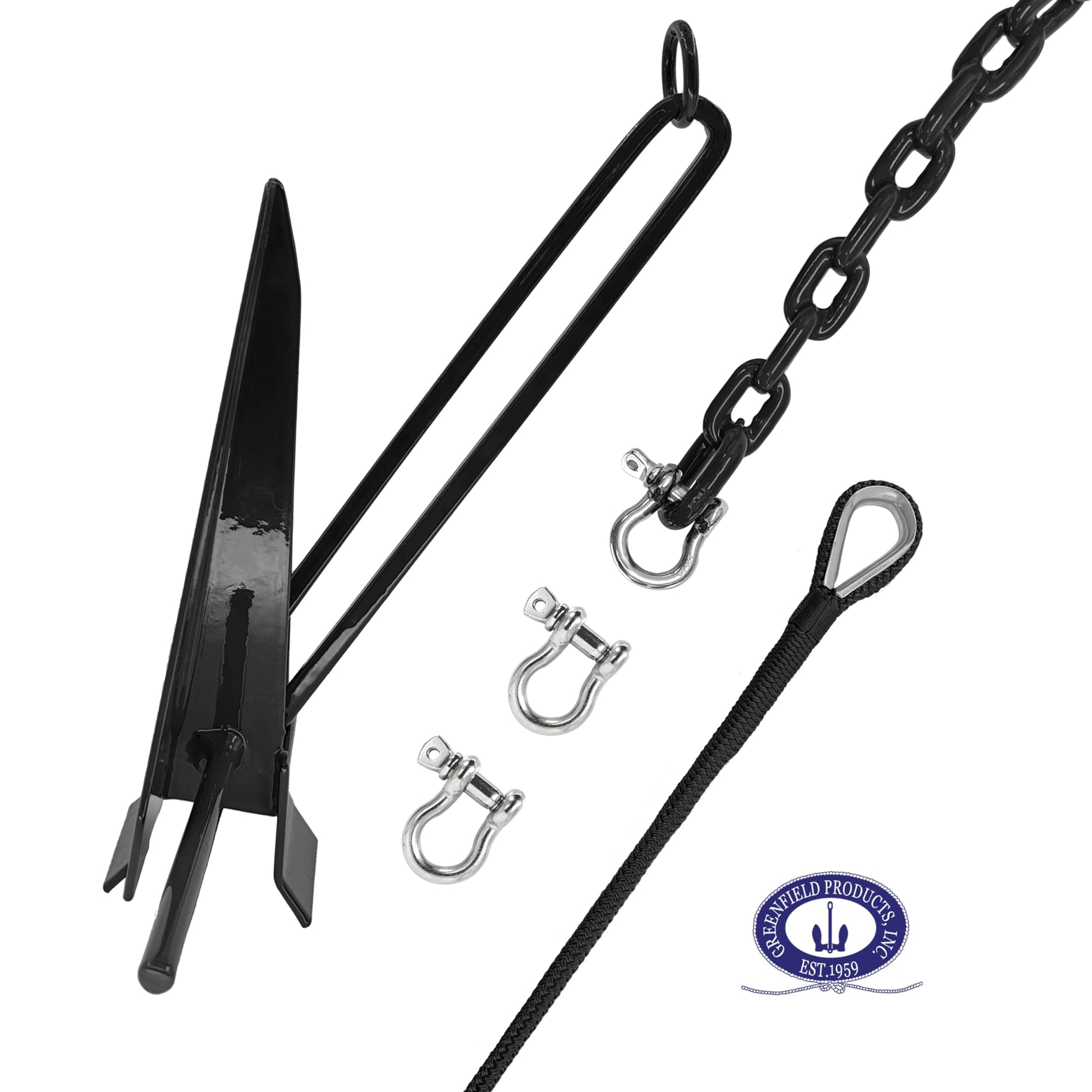 Greenfield Kit completo de anclaje para barco (hasta 16 pies y 24 pies) viene con anclaje Fluke, cadena de anclaje, cuerda de anclaje, grilletes. Kit Fluke recubierto negro. Accesorios para
