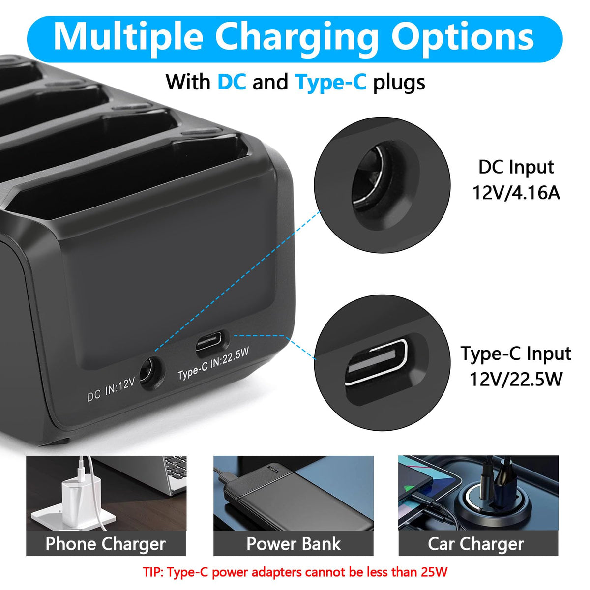 Cargador de Batería Zebra Negro para Escáner de Código de Barras TC70 TC70X TC72 TC77 TC75 TC55 de 4 Ranuras