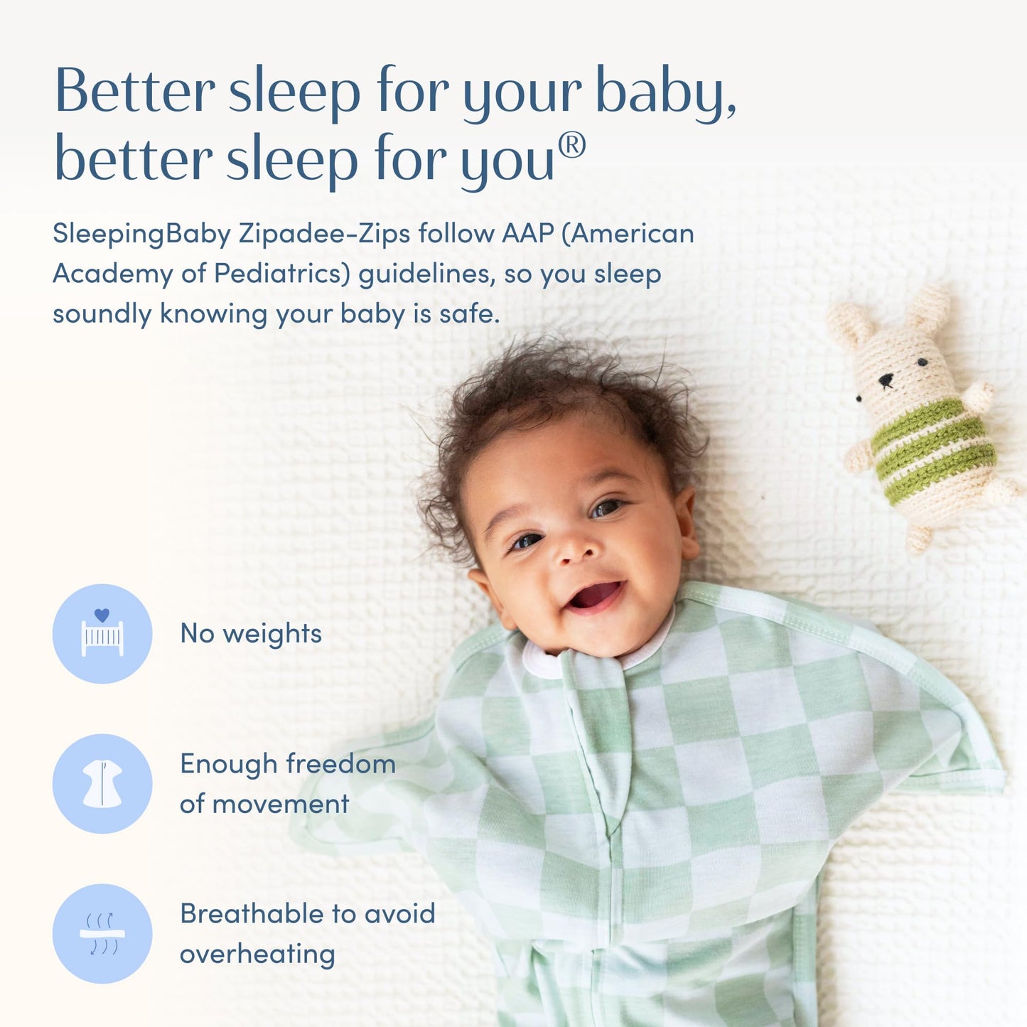 SleepingBaby Zipadee-Zip Transition Swaddle - Manta para bebé con cremallera para envolver, cómoda y acogedora - Manta portátil espaciosa para cambios de pañal fáciles - Verde mar/Azul, Pequeño (4-8