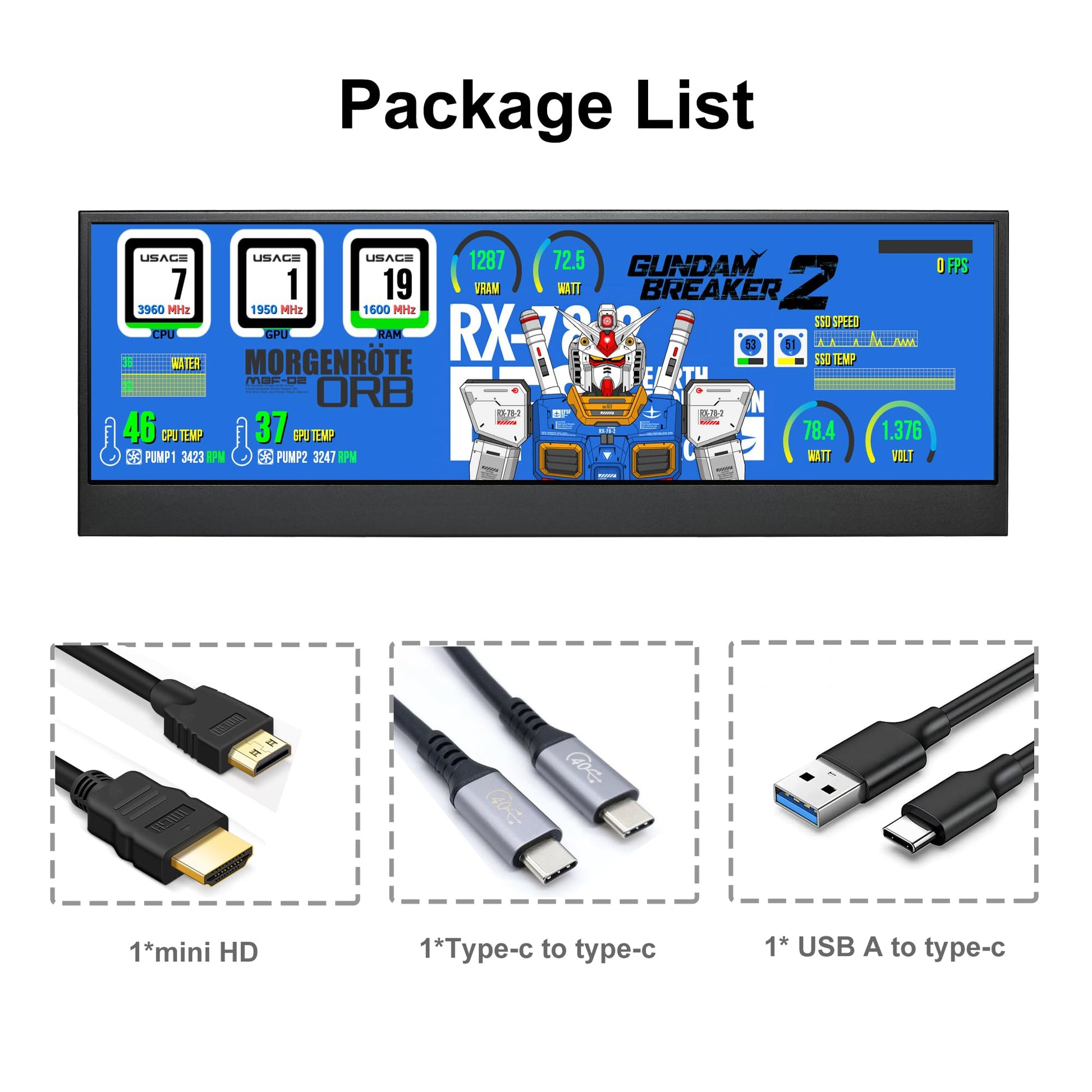 14'' 4K UHD IPS 3840x1100 Barra Estirada Pantalla Táctil Monitor para Ordenador Portátil PC Velocidad Temperatura Windows Aida64 CPU GPU HDMI Monitor Secundario para Música Media Timeline Edición