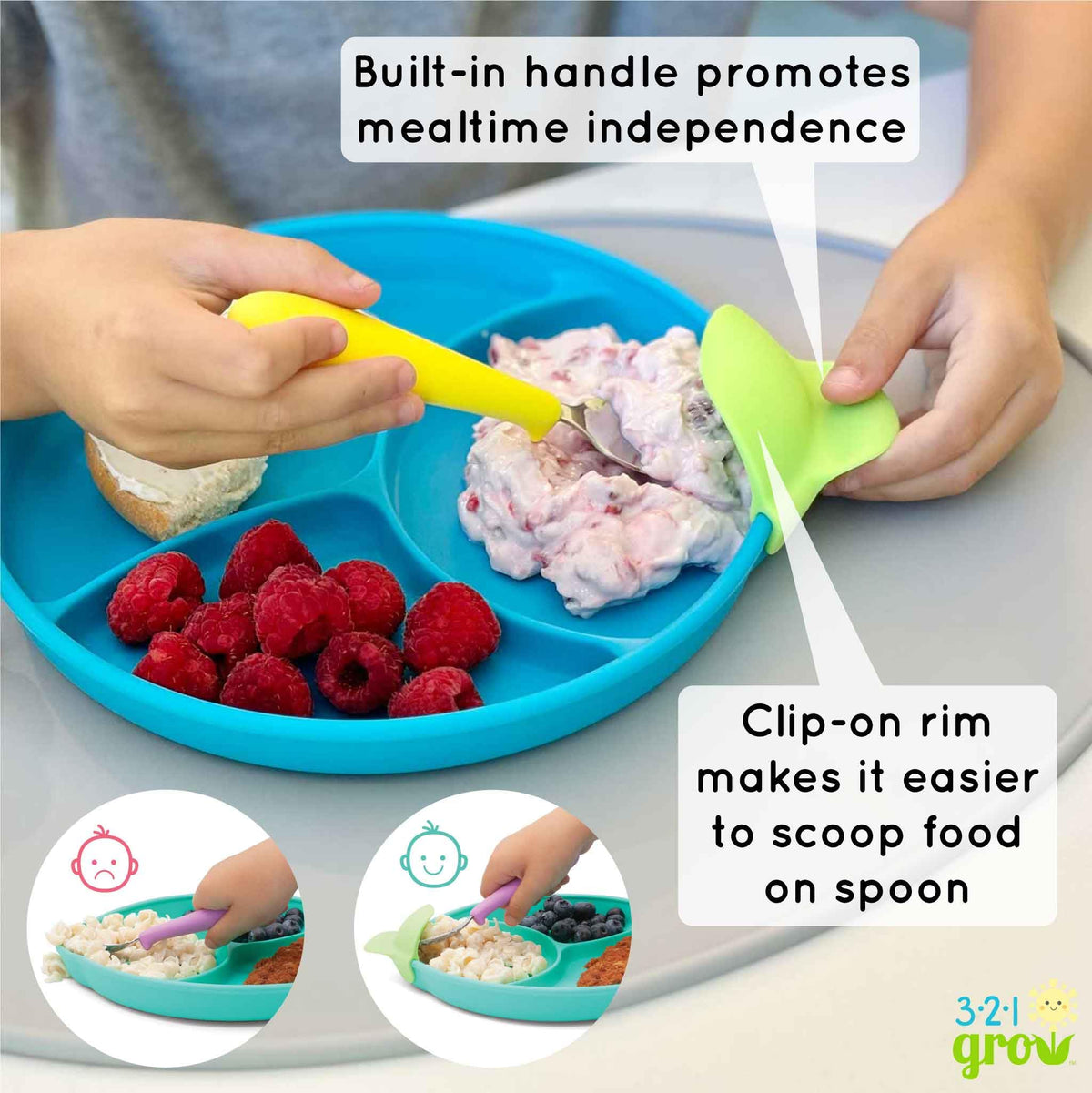 321 Grow • Juego de platos fáciles de cucharar y sostener • Juego de 2 platos • Placa de silicona para bebés, niños pequeños con divisores • Borde de clip para comidas fáciles y sin desorden • 6 meses
