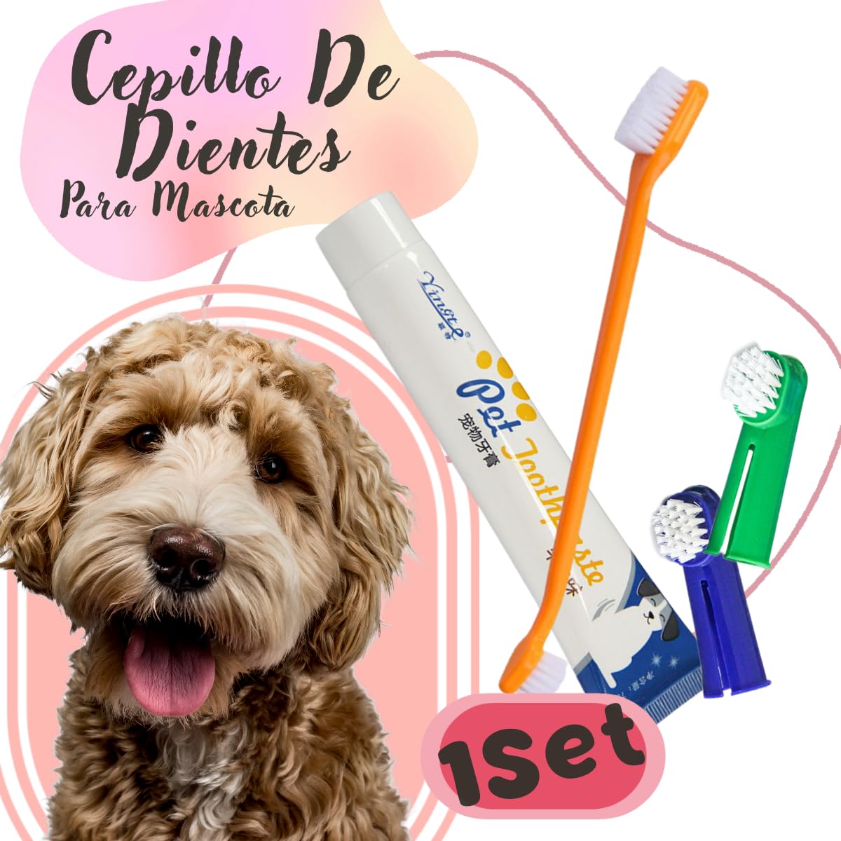 Kit Dental VERALY.MX Limpieza Profunda Mascota Perro Pasta y Cepillo Doble Dedal Silicona Flexible