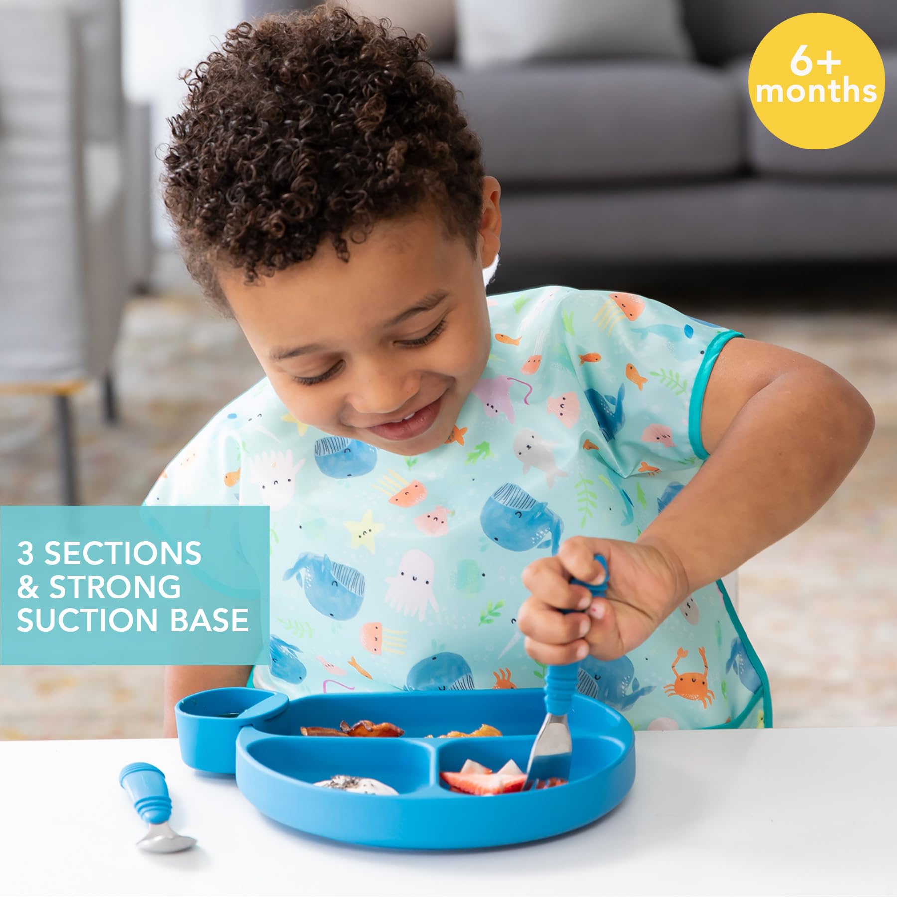 Bumkins - Plato de silicona de agarre para bebés y niños, plato de 3 secciones, apto para horno y microondas, sin BPA, lavable en lavavajillas, color D2 Dark Blue-GD